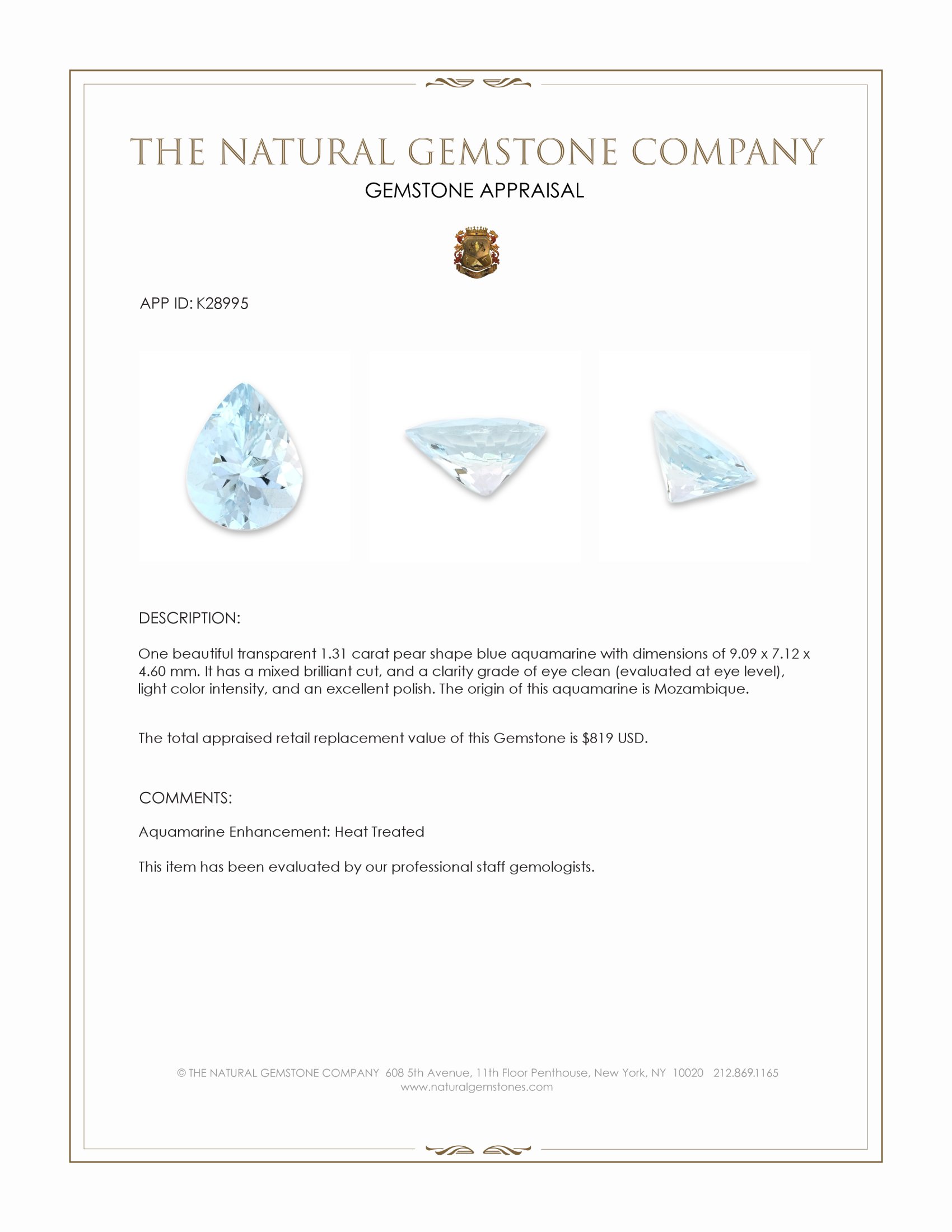 1.31 Ct. Blue Aquamarine from Mozambique