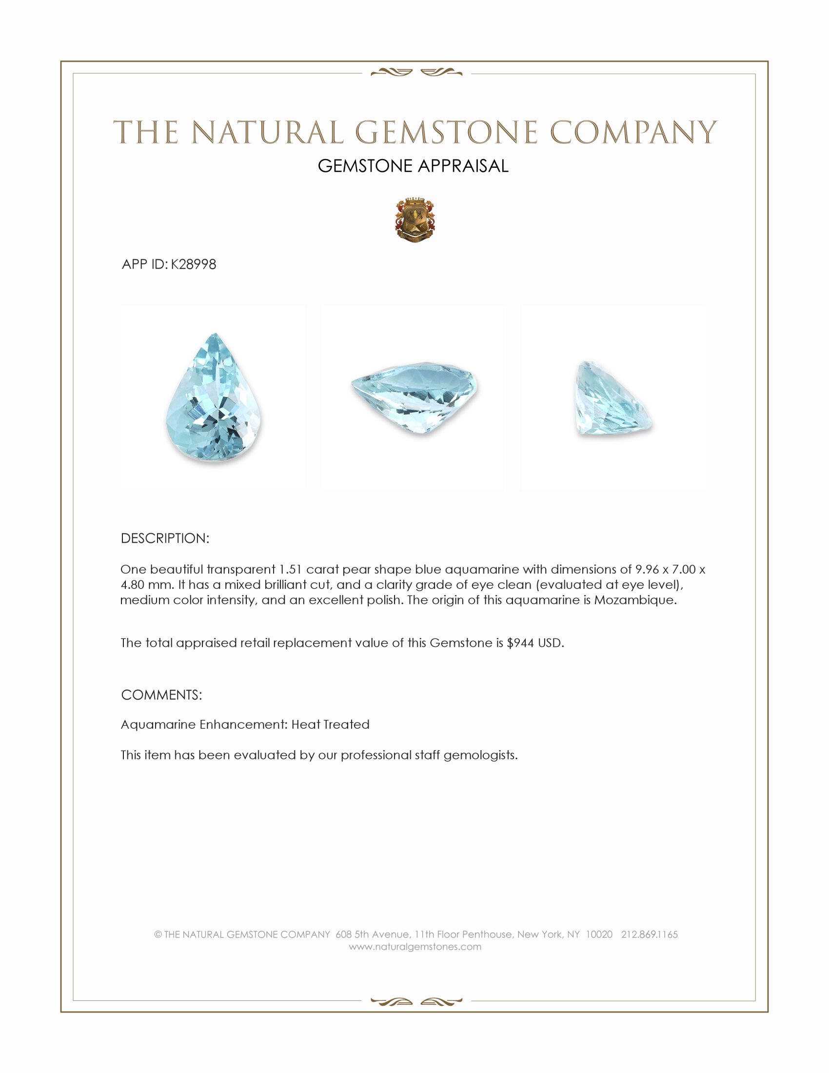 1.51 Ct. Blue Aquamarine from Mozambique