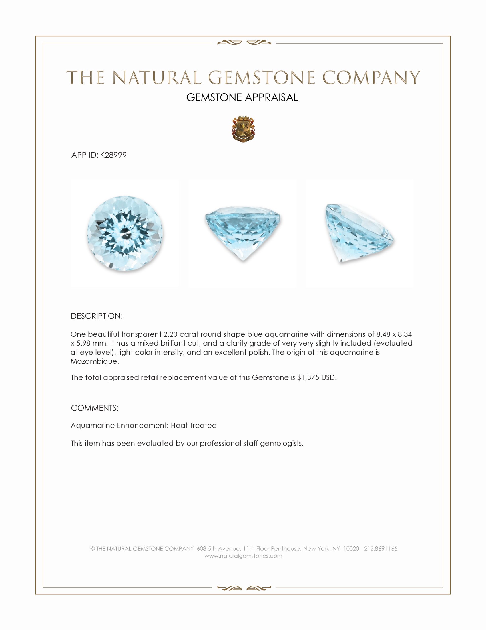 2.20 Ct. Blue Aquamarine from Mozambique