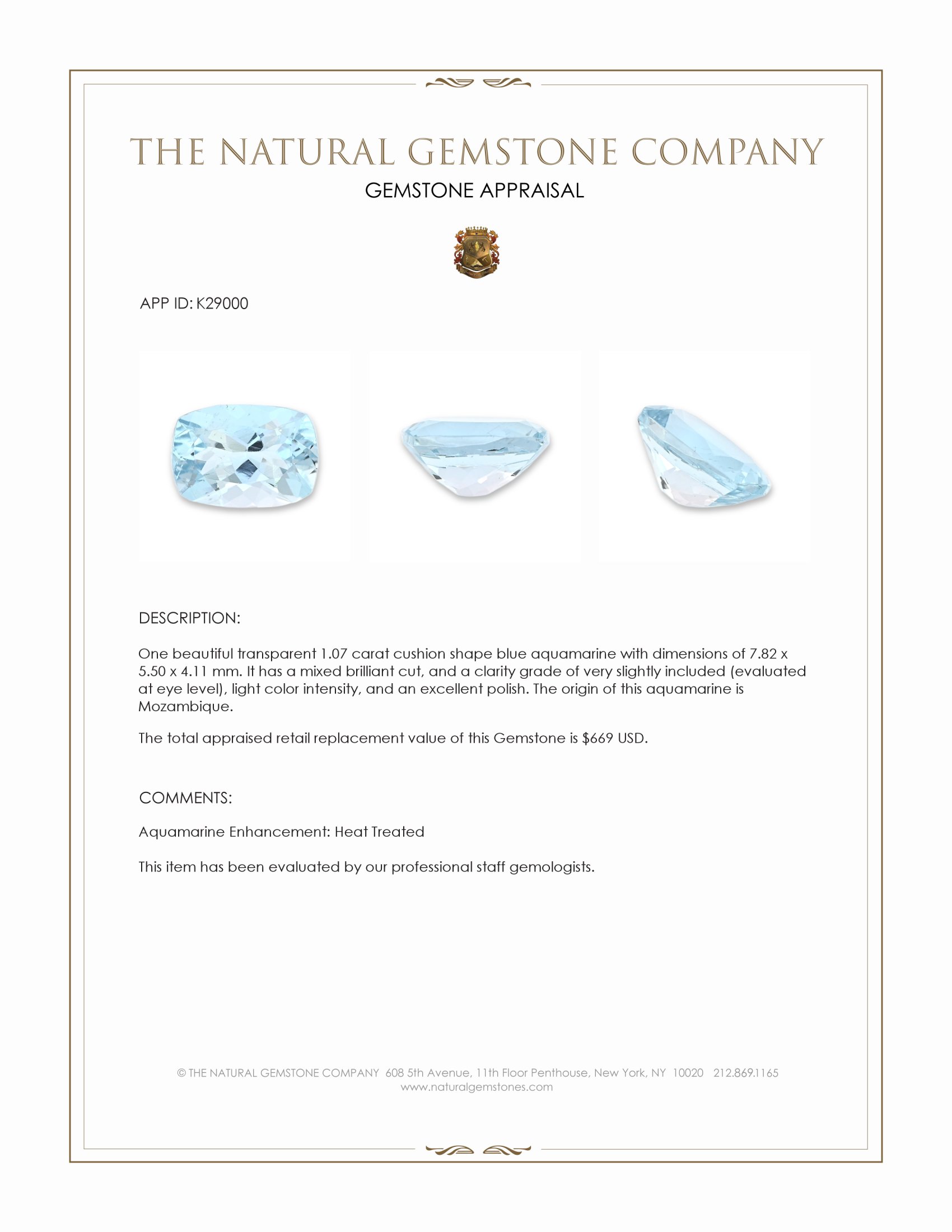 1.07 Ct. Blue Aquamarine from Mozambique