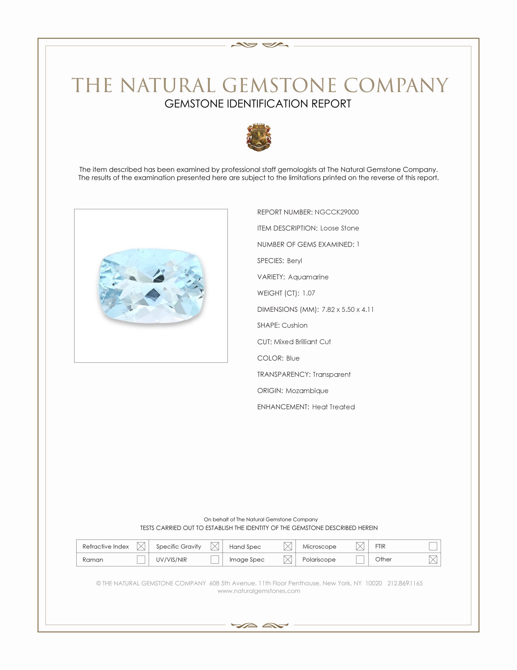 1.07 Ct. Blue Aquamarine from Mozambique