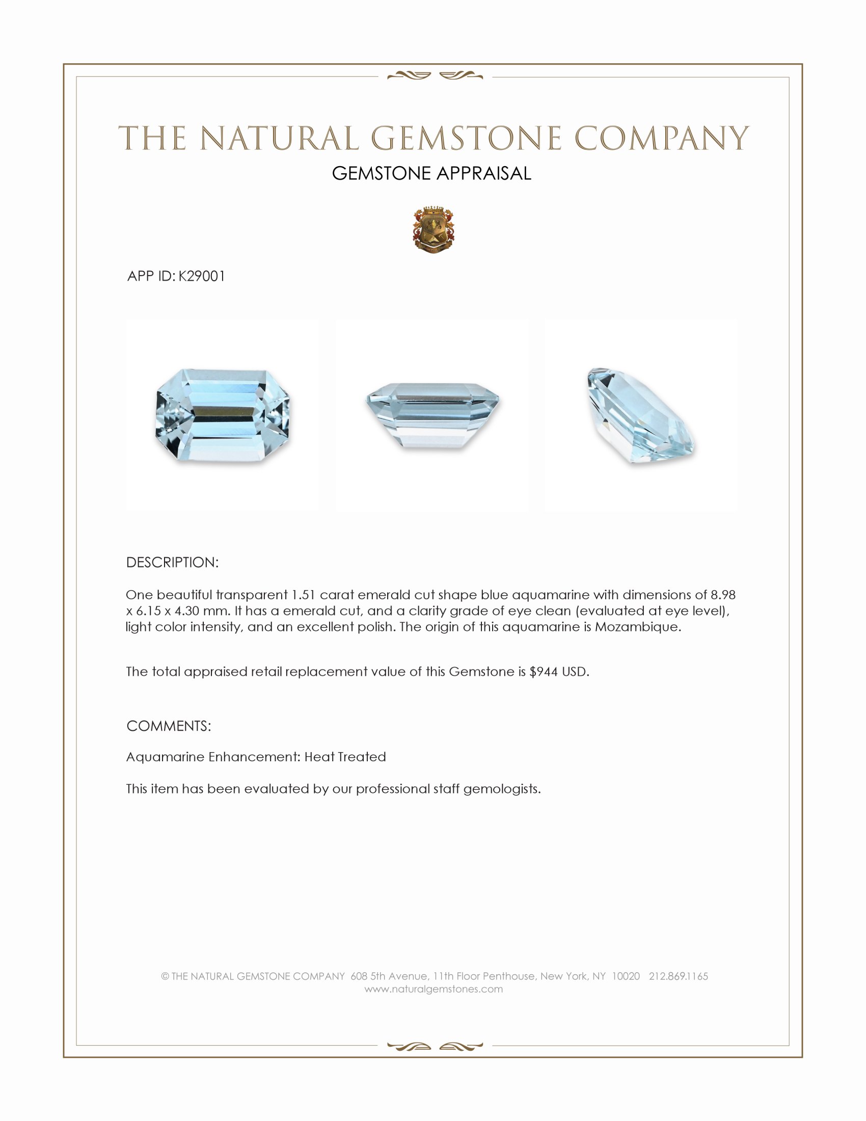 1.51 Ct. Blue Aquamarine from Mozambique