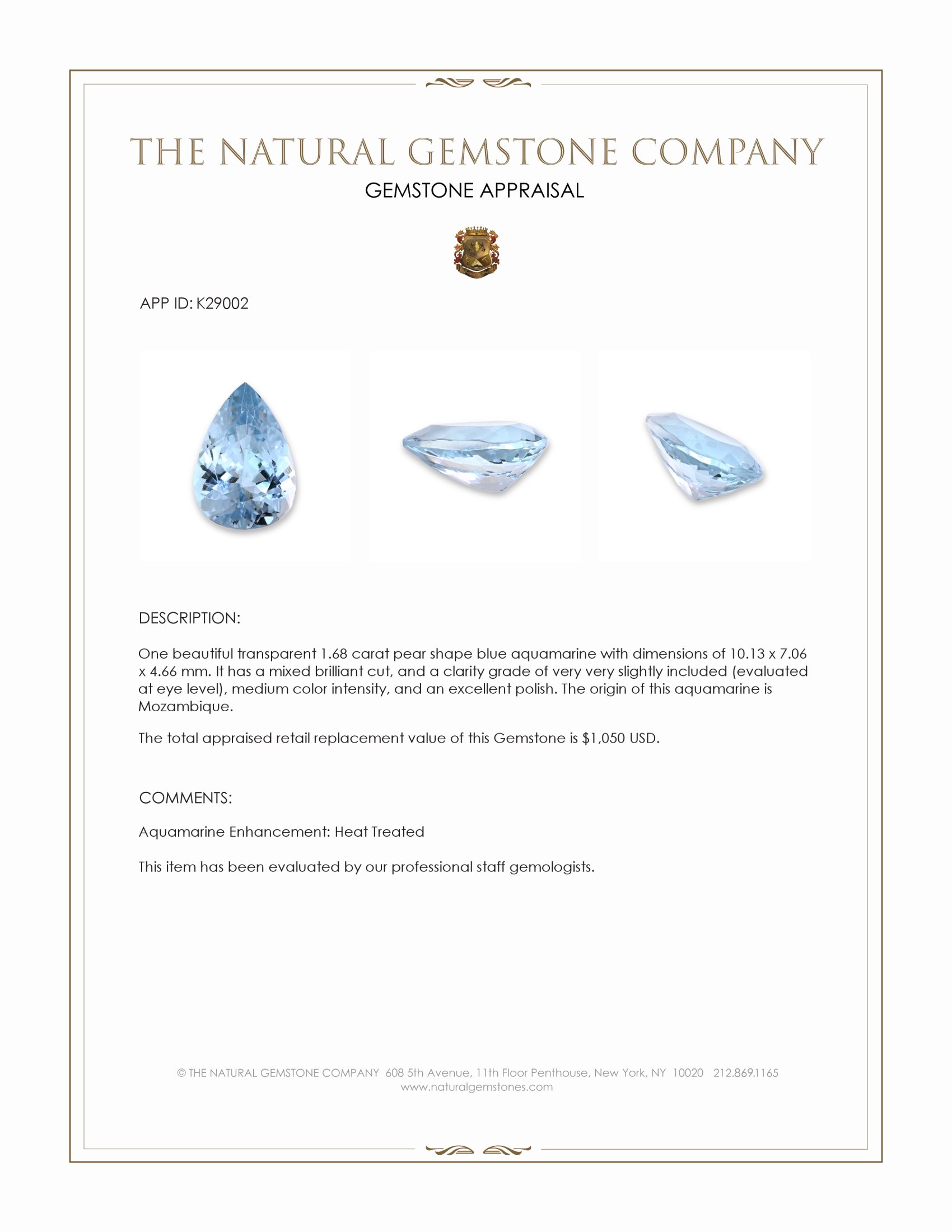 1.68 Ct. Blue Aquamarine from Mozambique