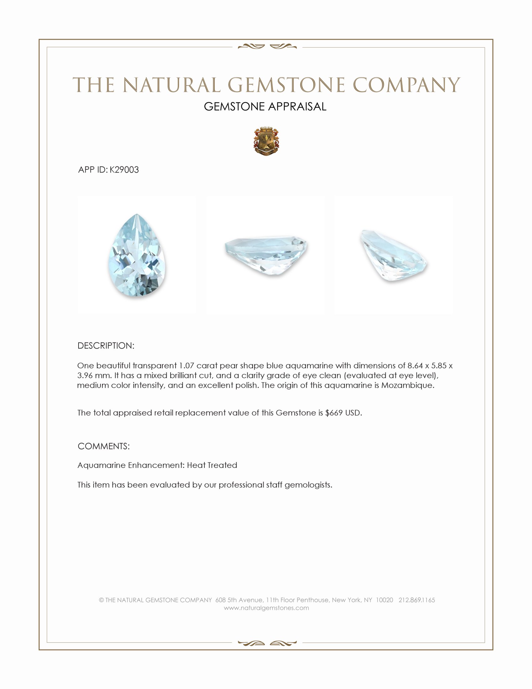 1.07 Ct. Blue Aquamarine from Mozambique