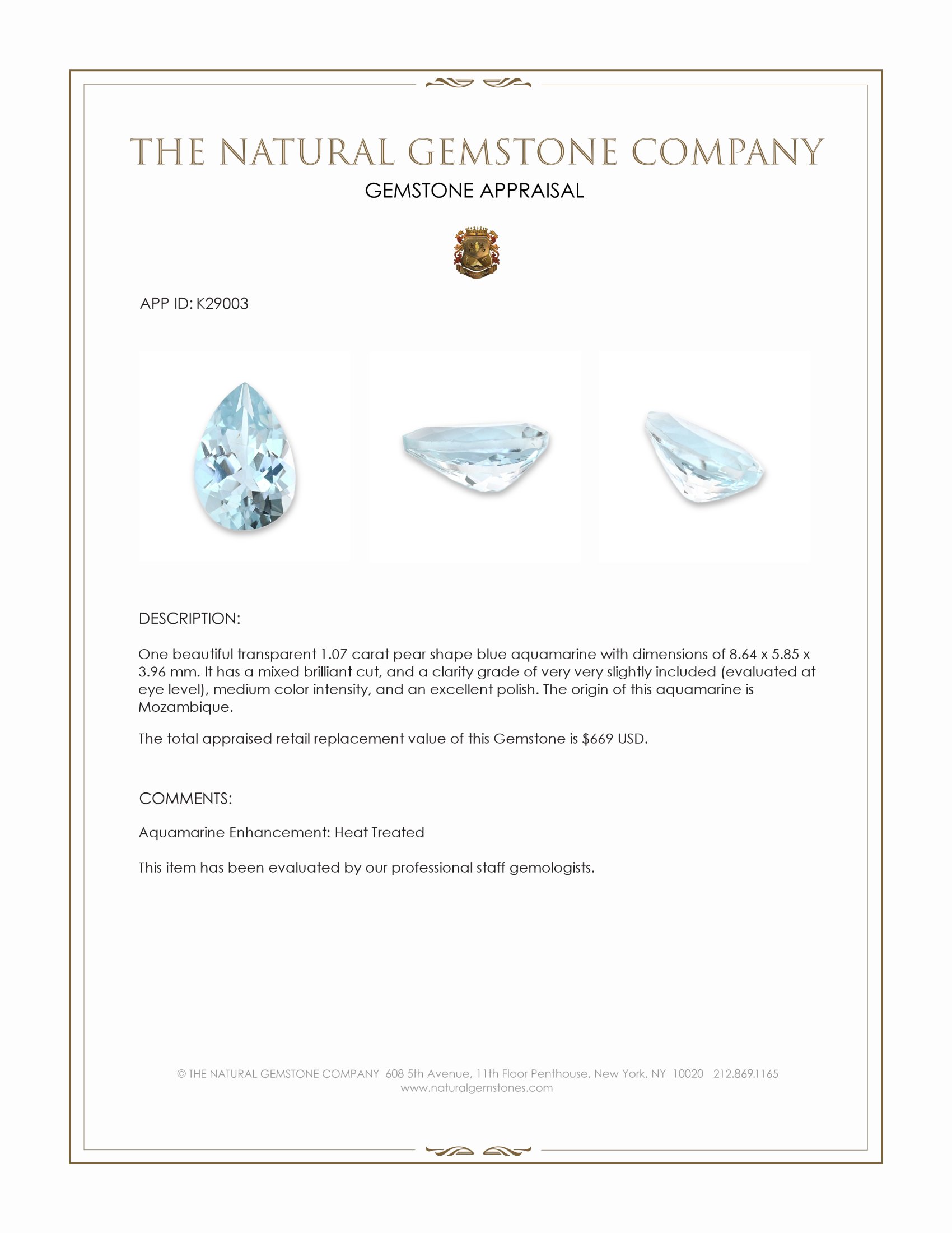 1.07 Ct. Blue Aquamarine from Mozambique