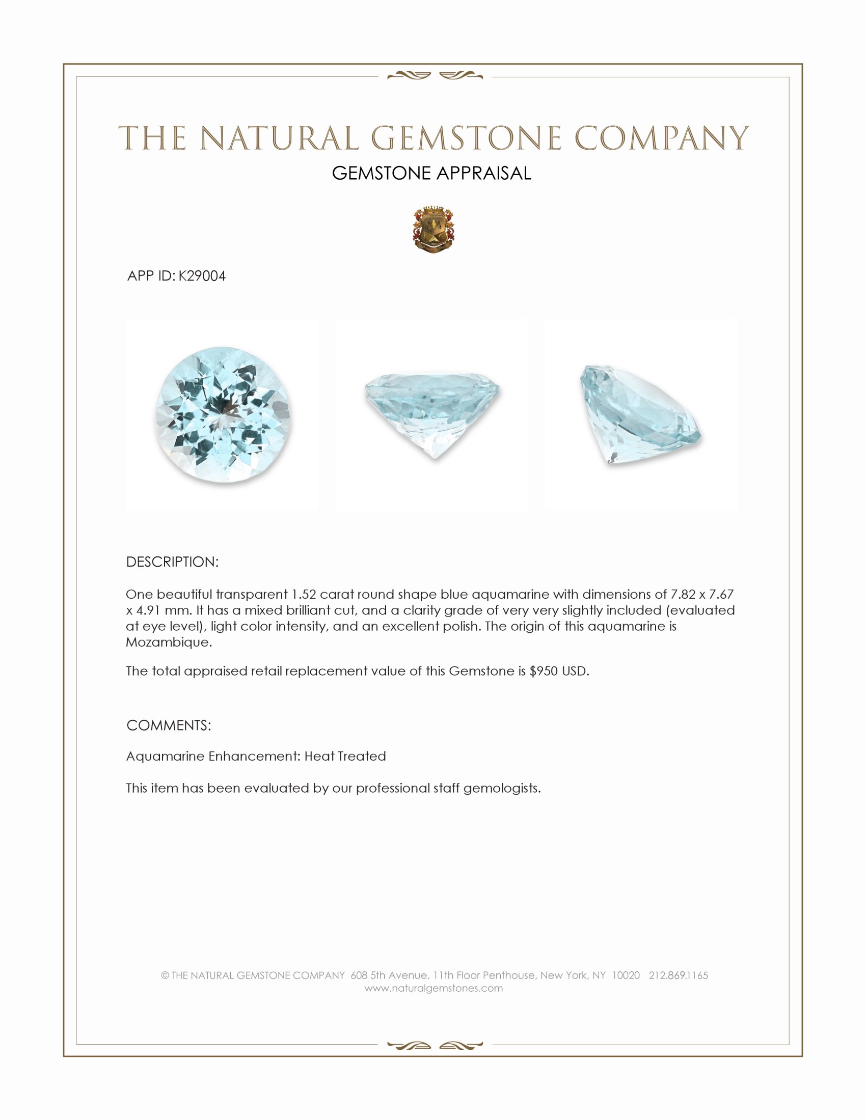 1.52 Ct. Blue Aquamarine from Mozambique
