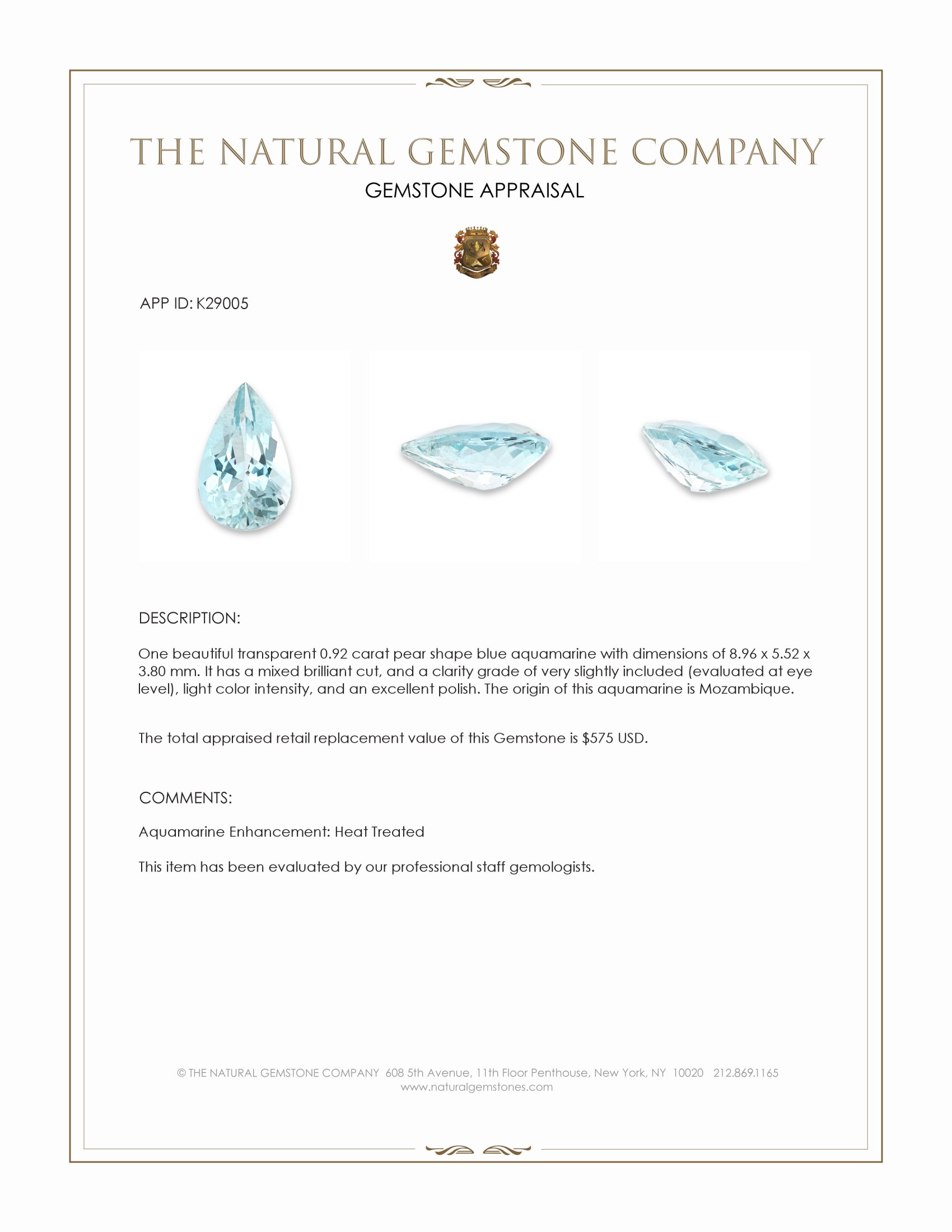 0.92 Ct. Blue Aquamarine from Mozambique