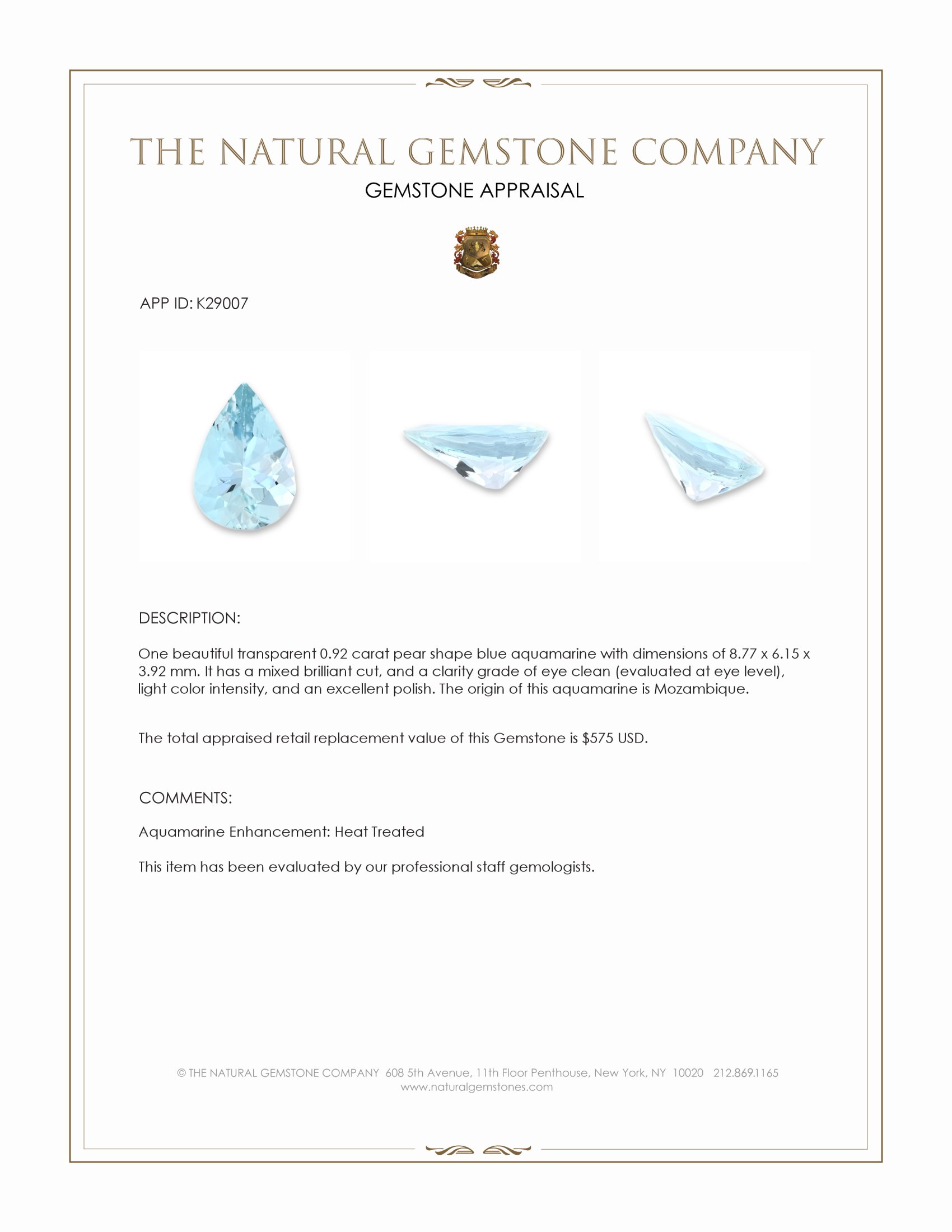0.92 Ct. Blue Aquamarine from Mozambique