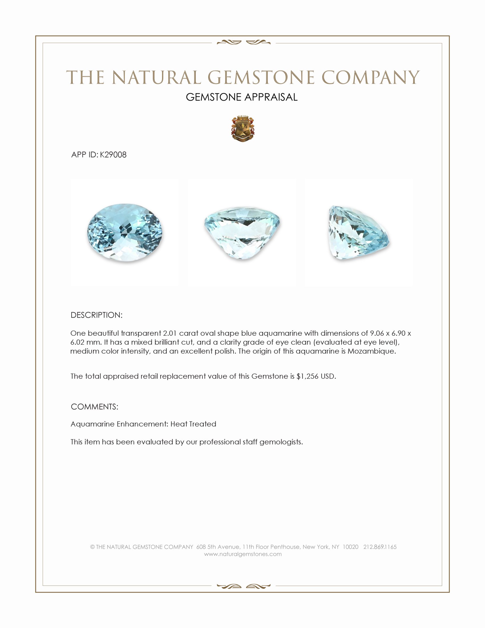 2.01 Ct. Blue Aquamarine from Mozambique