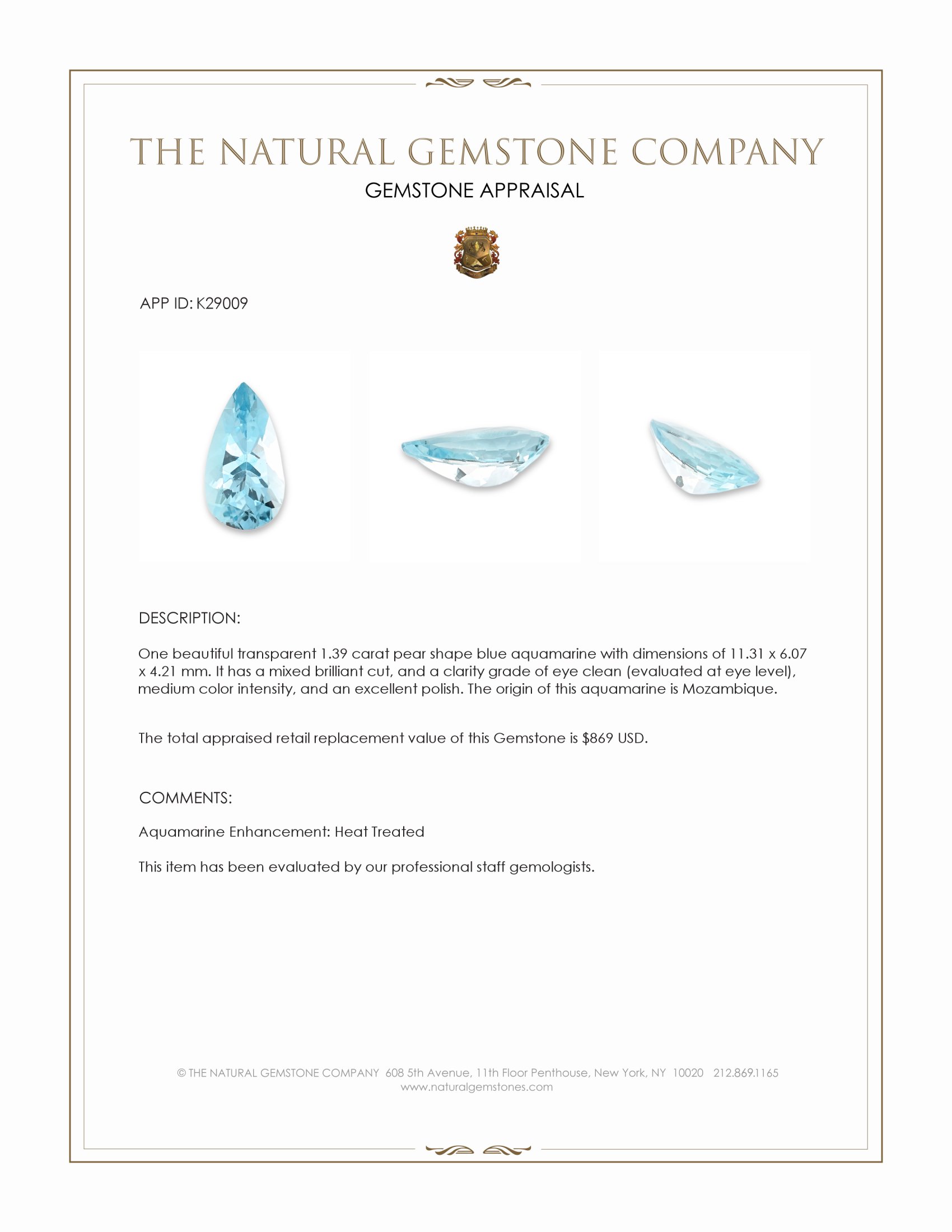 1.39 Ct. Blue Aquamarine from Mozambique