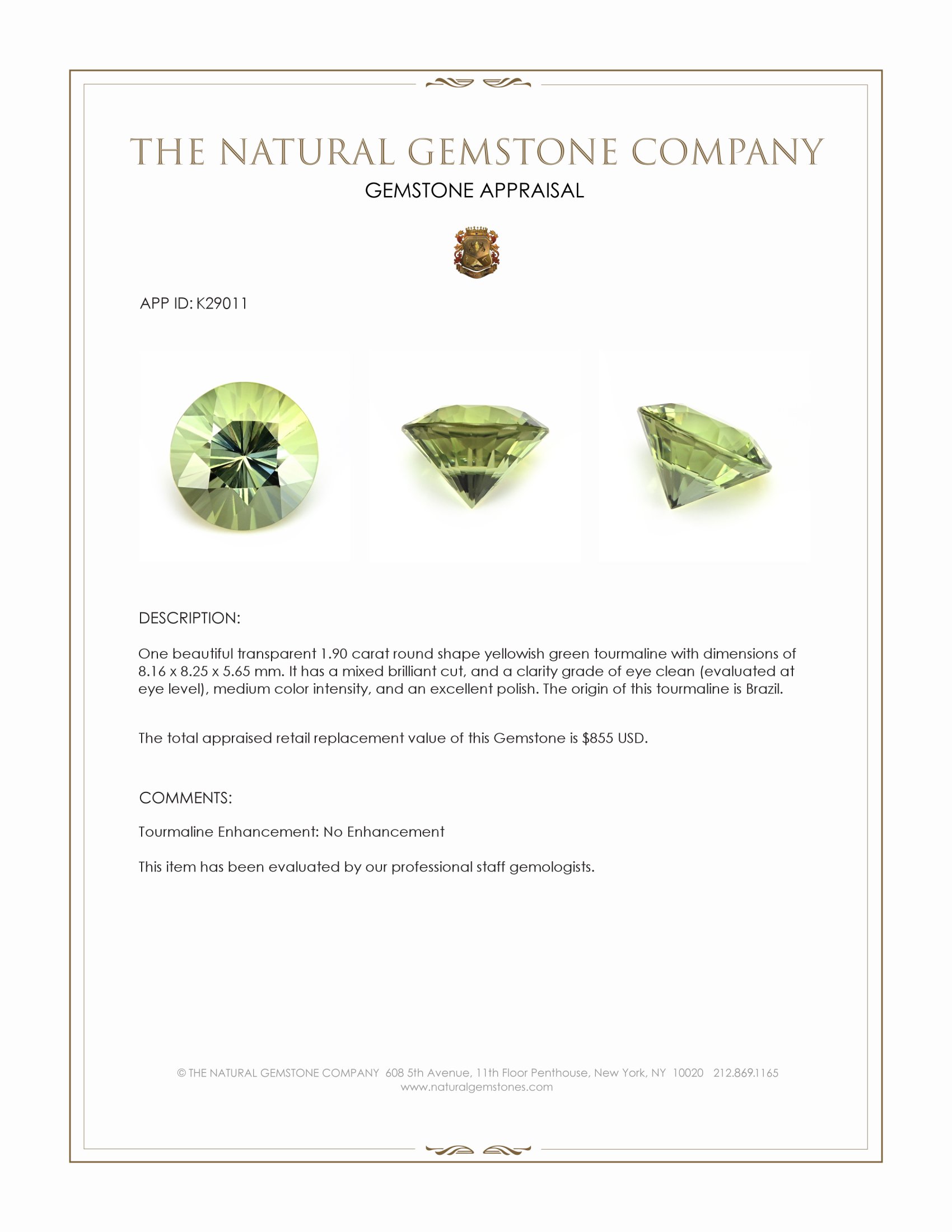 1.90 Ct. Yellowish Green Tourmaline from Brazil