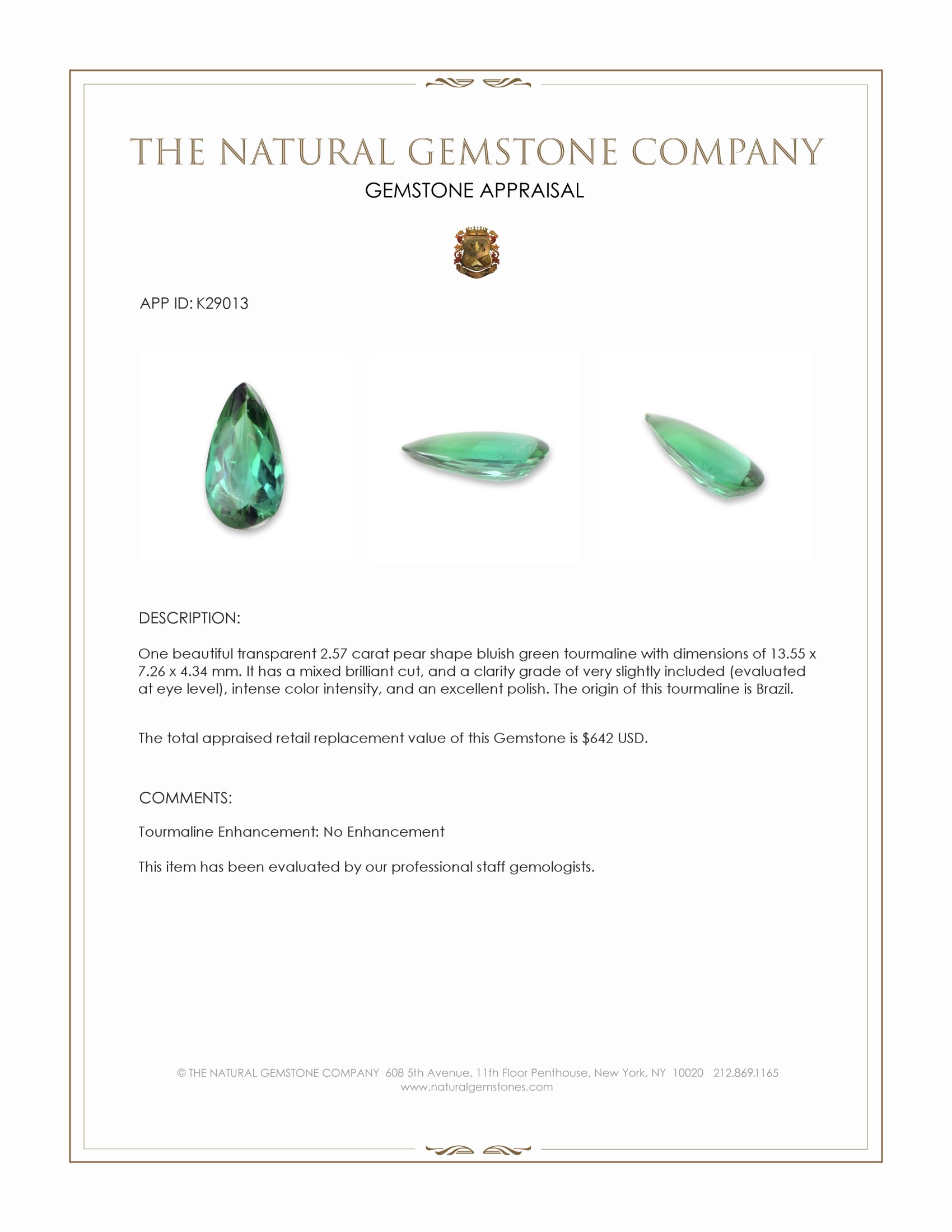 2.57 Ct. Bluish Green Tourmaline from Brazil