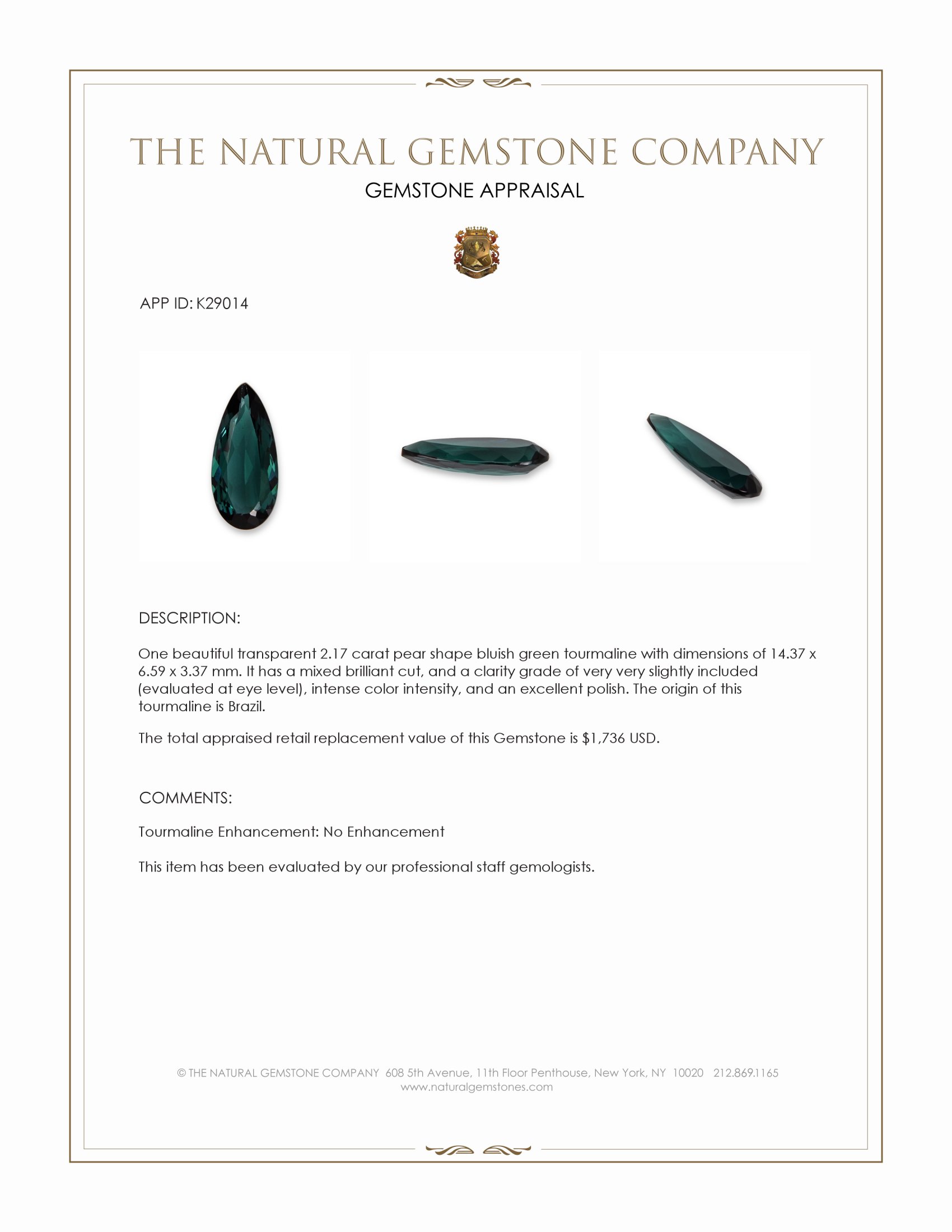 2.17 Ct. Bluish Green Tourmaline from Brazil
