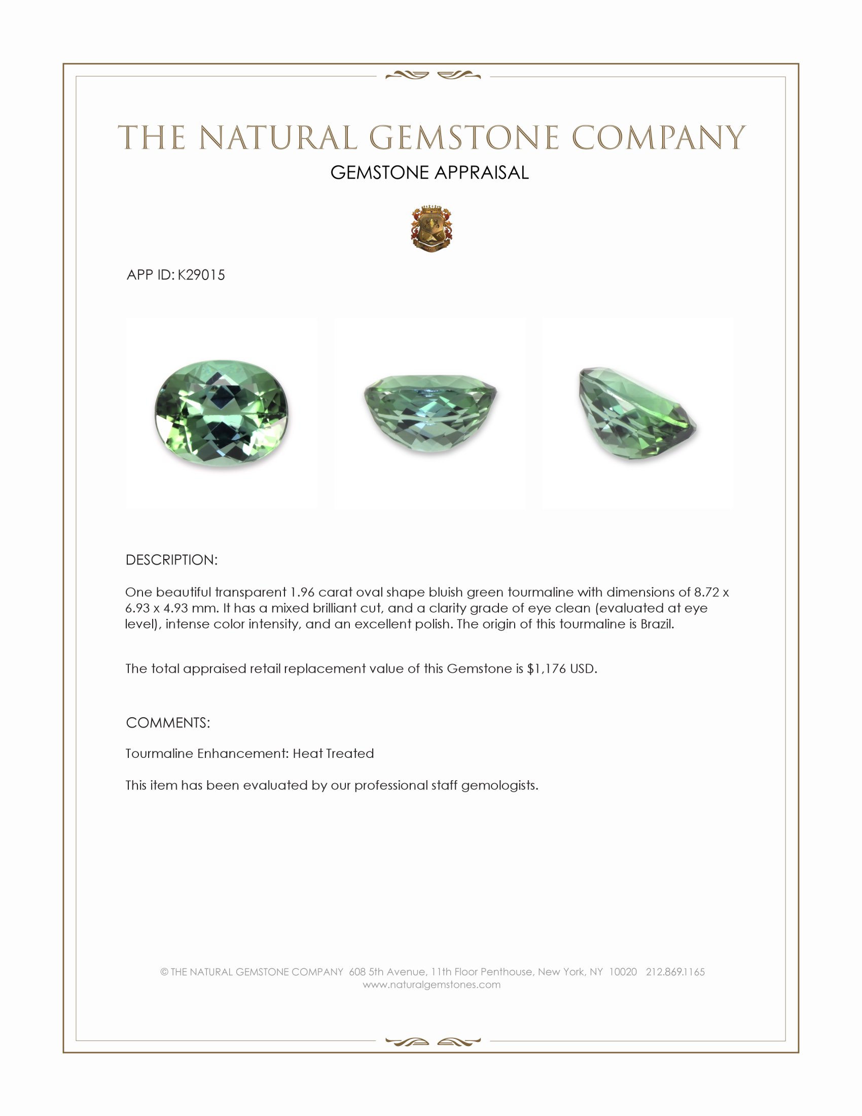 1.96 Ct. Bluish Green Tourmaline from Brazil