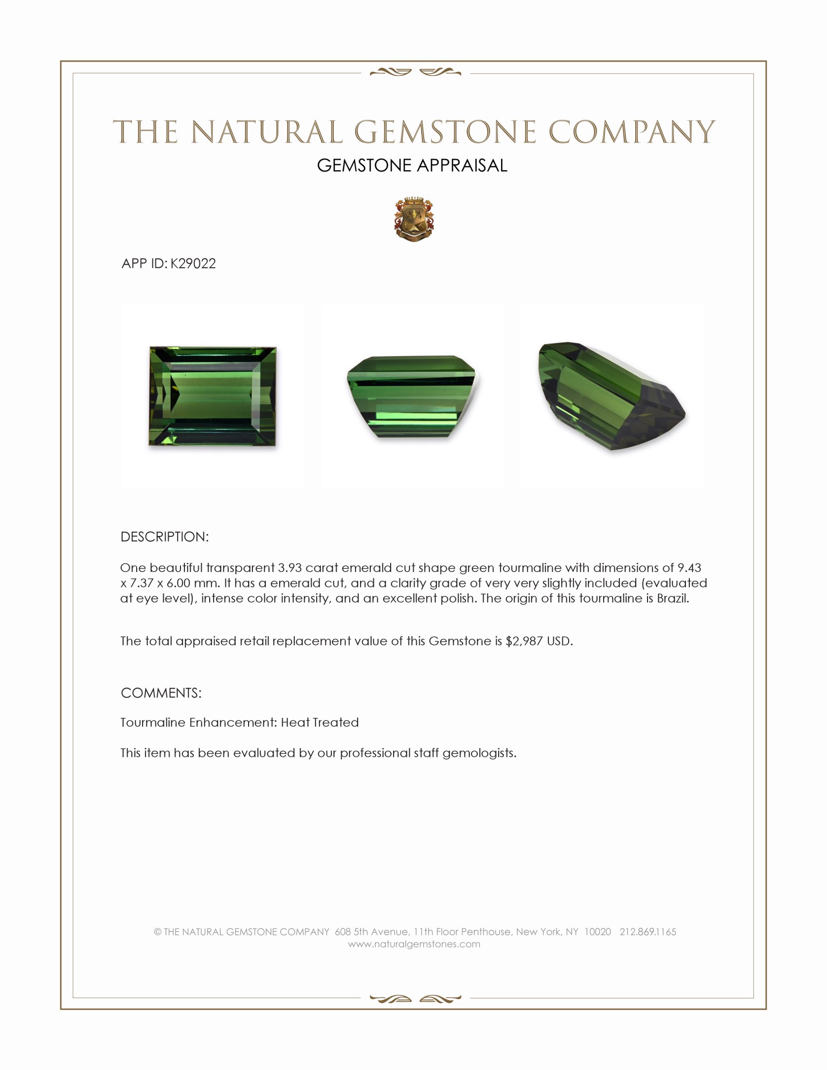 3.93 Ct. Green Tourmaline from Brazil
