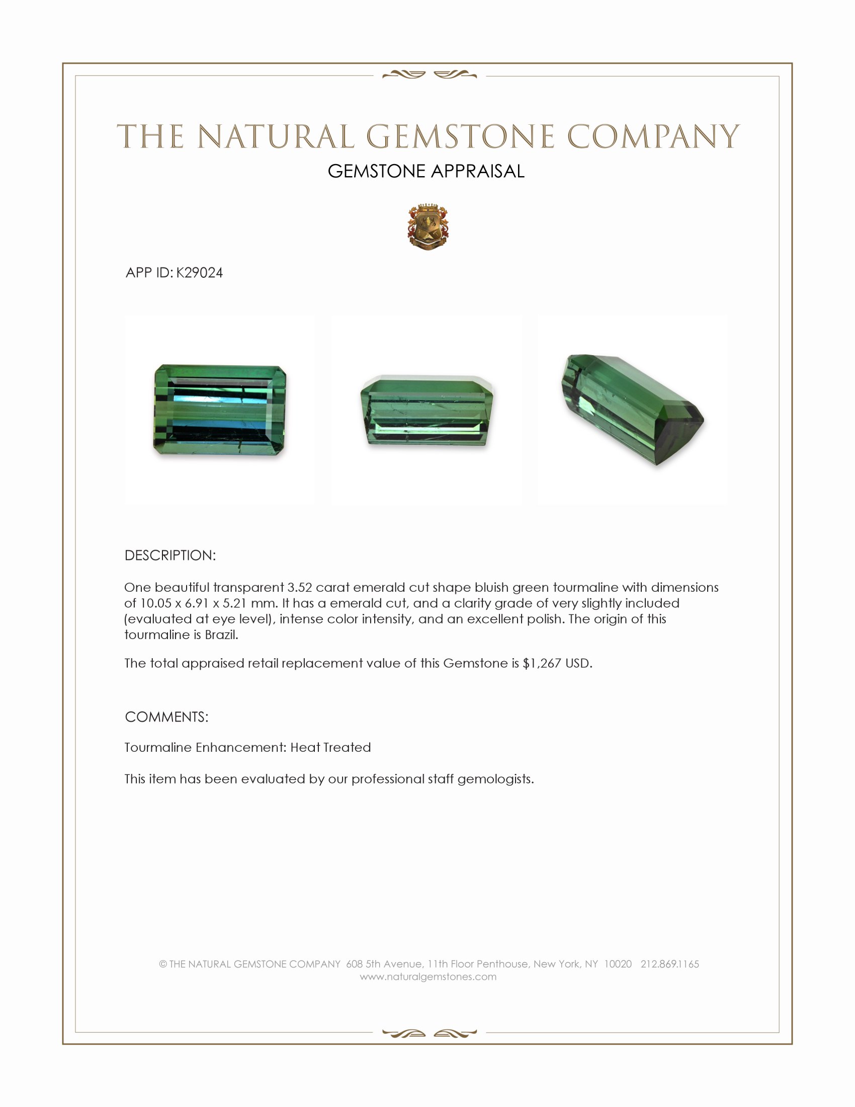 3.52 Ct. Bluish Green Tourmaline from Brazil