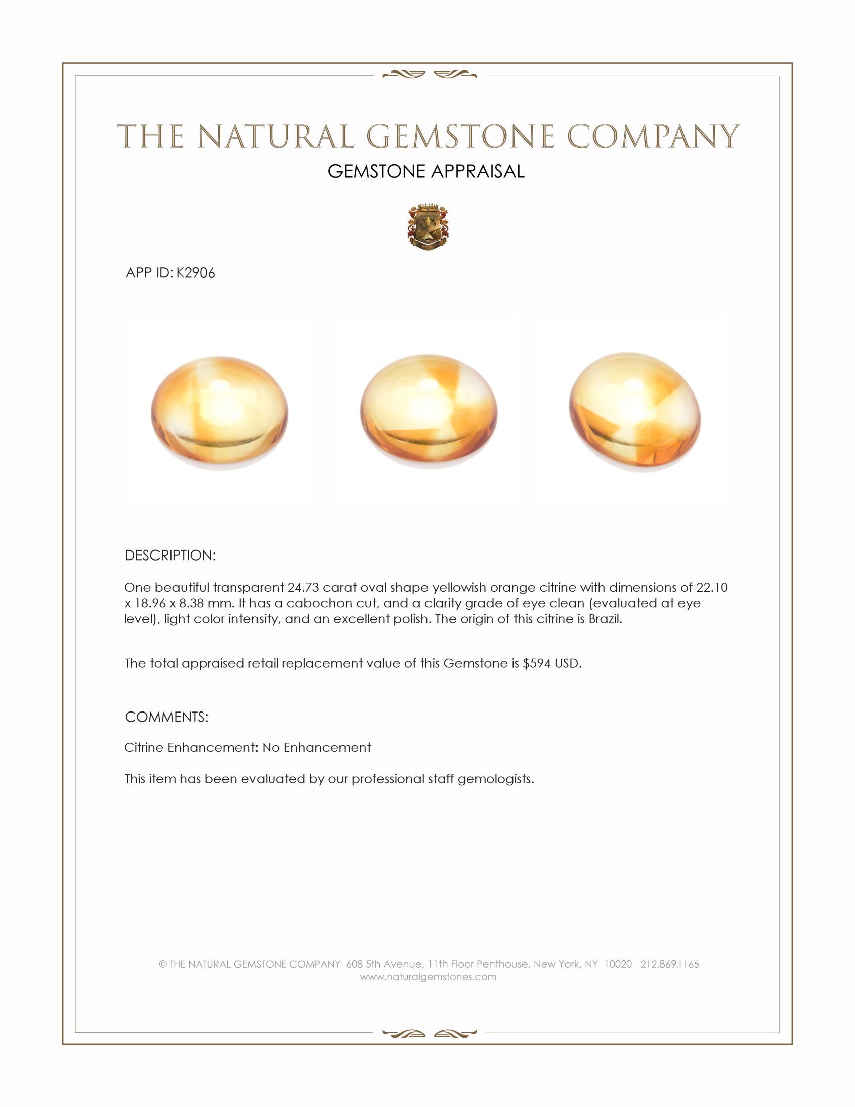 24.73 Ct. Yellowish Orange Cabochon Citrine from Brazil