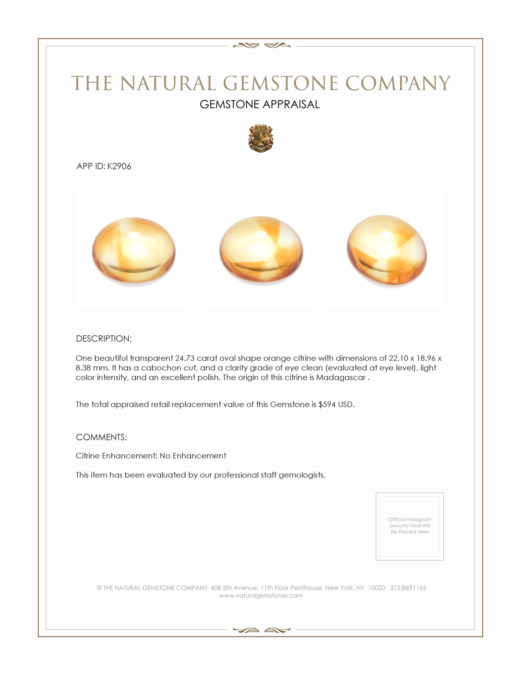 24.73 Ct. Cabochon Citrine from Madagascar