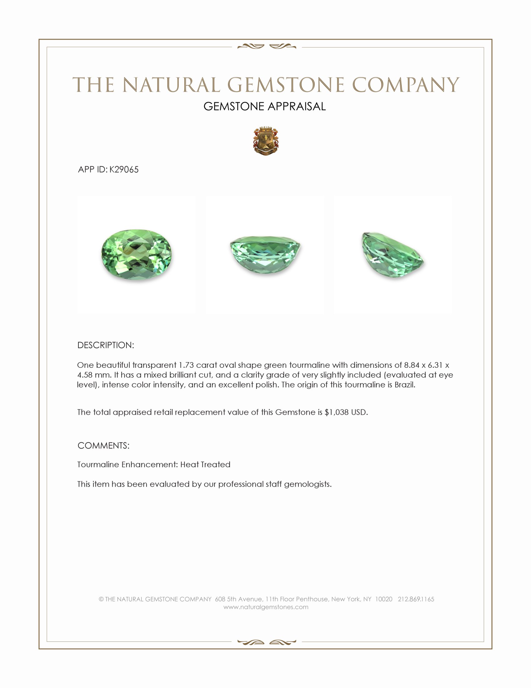 1.73 Ct. Green Tourmaline from Brazil