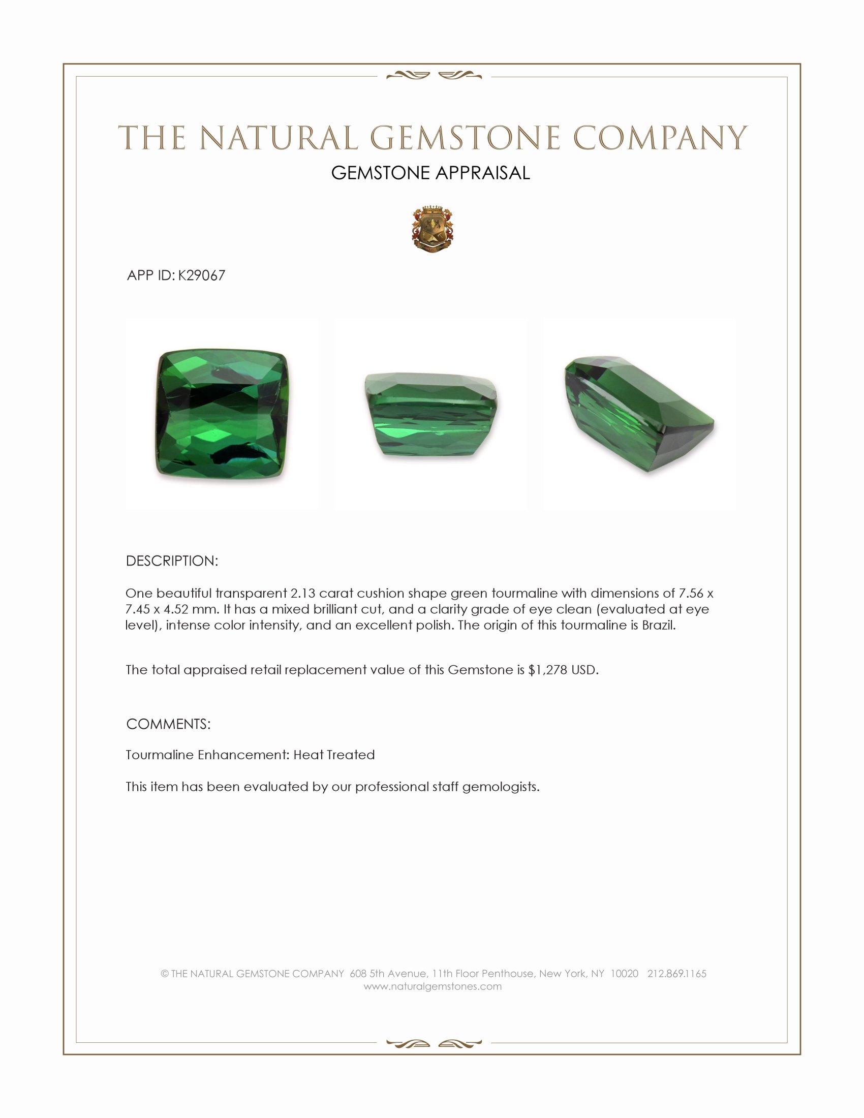 2.13 Ct. Green Tourmaline from Brazil