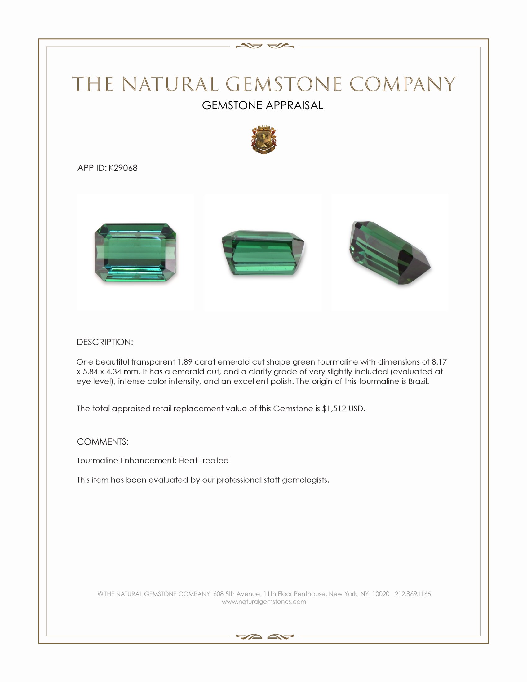 1.89 Ct. Green Tourmaline from Brazil