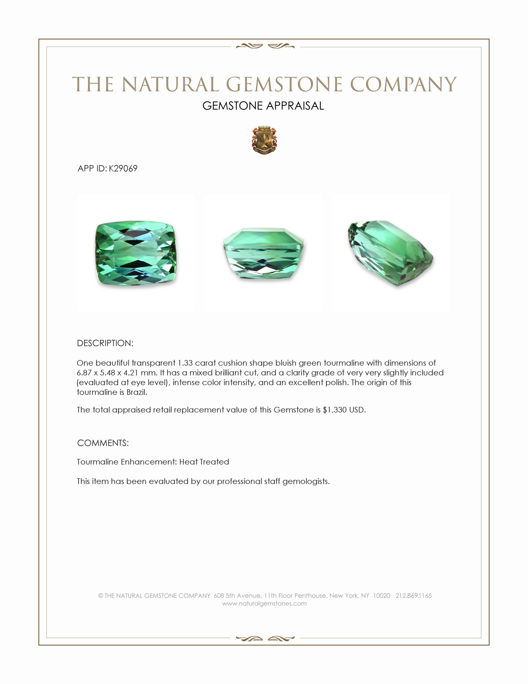 1.33 Ct. Bluish Green Tourmaline from Brazil