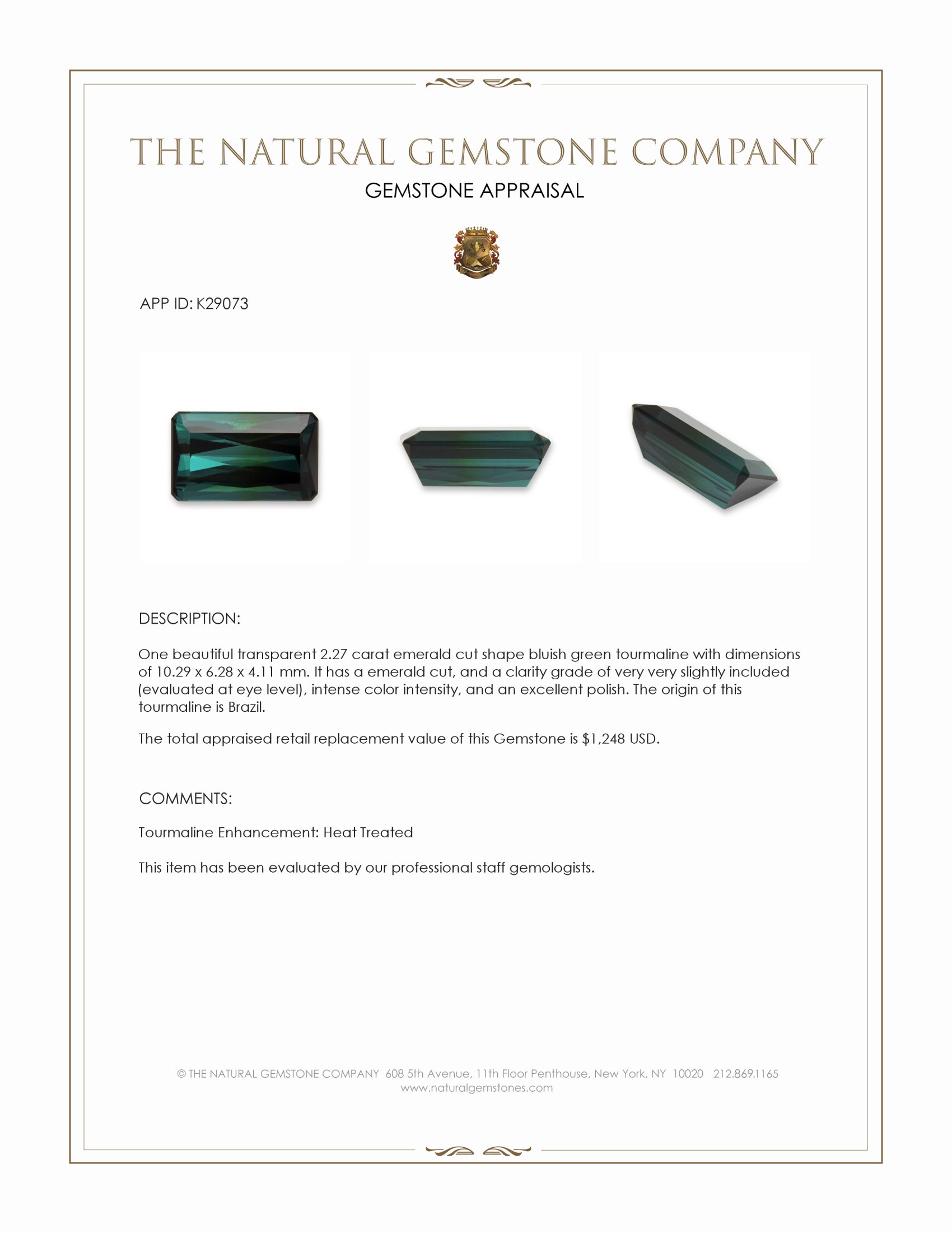 2.27 Ct. Bluish Green Tourmaline from Brazil