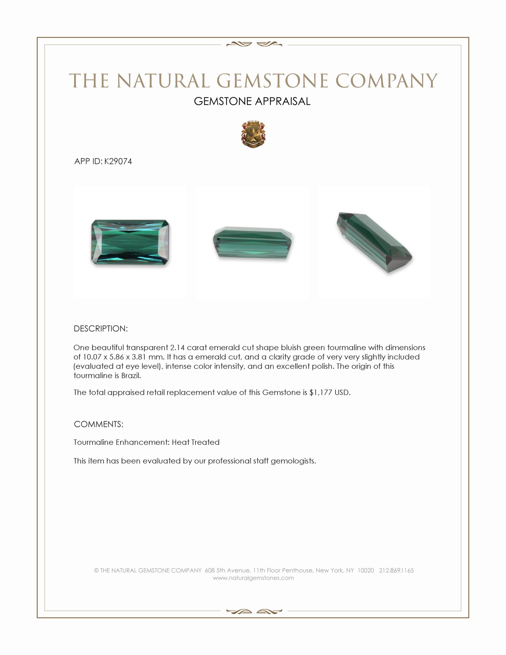 2.14 Ct. Bluish Green Tourmaline from Brazil