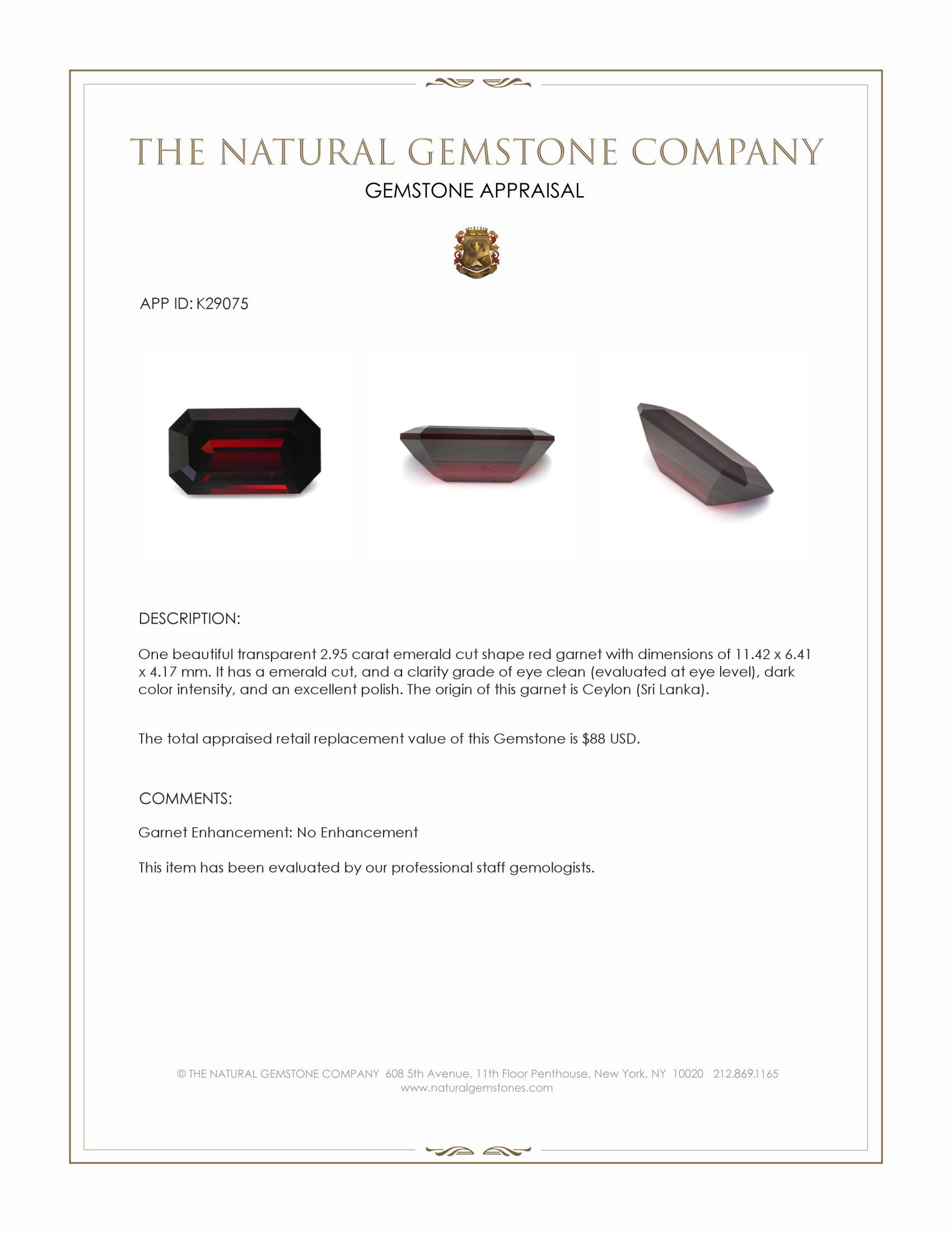 2.95 Ct. Red Garnet from Ceylon (Sri Lanka)