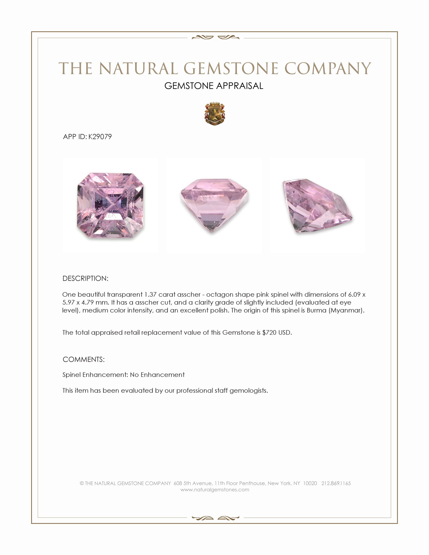 1.37 Ct. Pink Spinel from Burma (Myanmar)