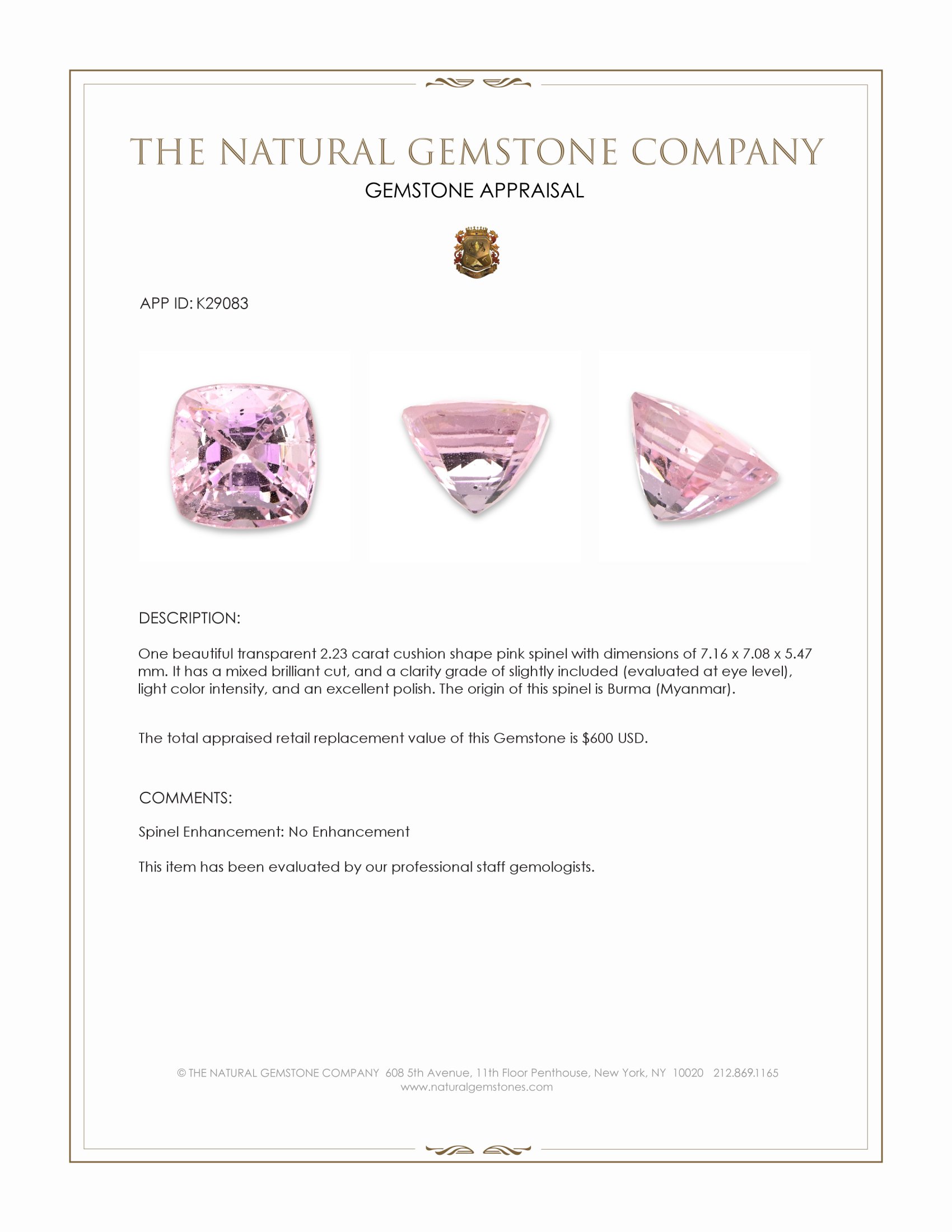 2.23 Ct. Pink Spinel from Burma (Myanmar)