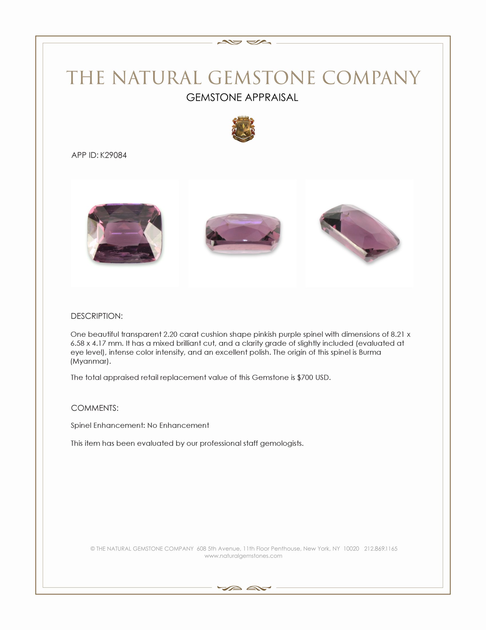 2.20 Ct. Pinkish Purple Spinel from Burma (Myanmar)