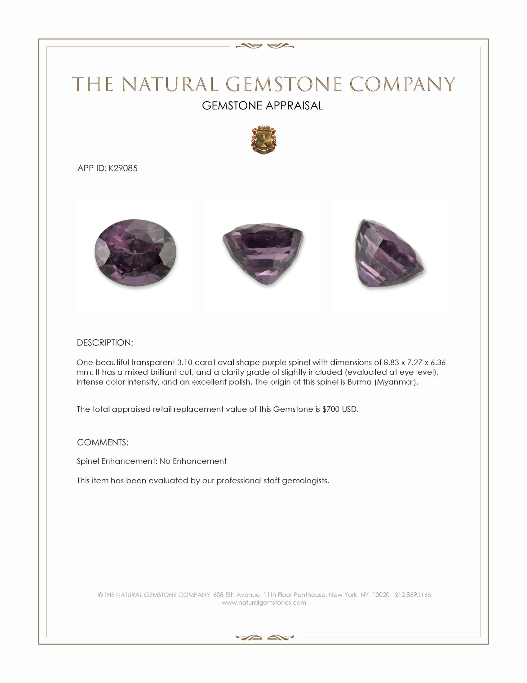 3.10 Ct. Purple Spinel from Burma (Myanmar)