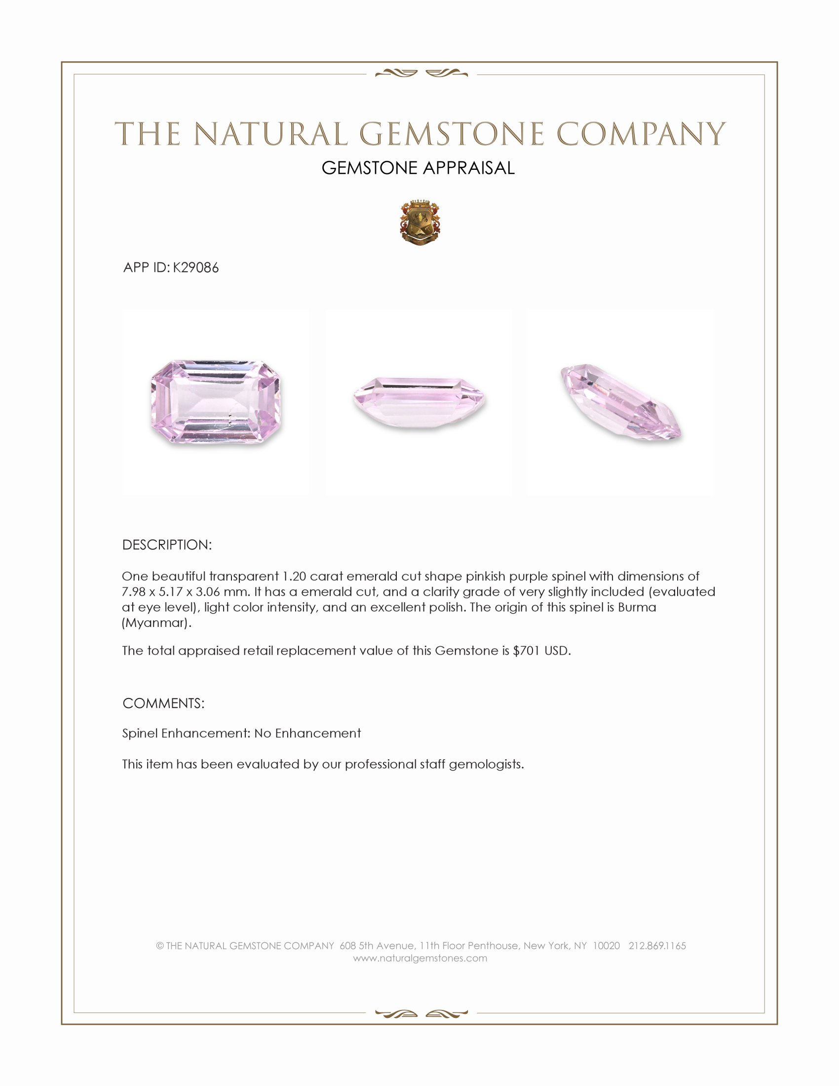 1.20 Ct. Pinkish Purple Spinel from Burma (Myanmar)