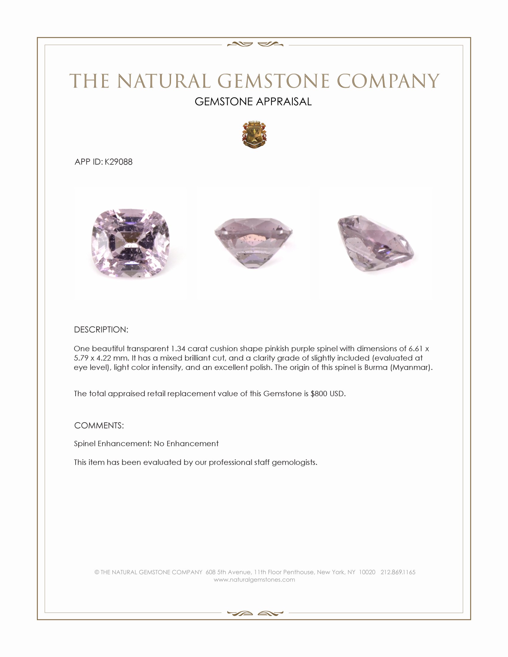 1.34 Ct. Pinkish Purple Spinel from Burma (Myanmar)