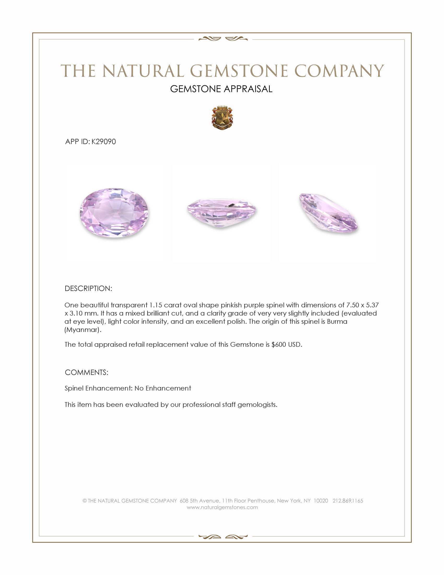 1.15 Ct. Pinkish Purple Spinel from Burma (Myanmar)