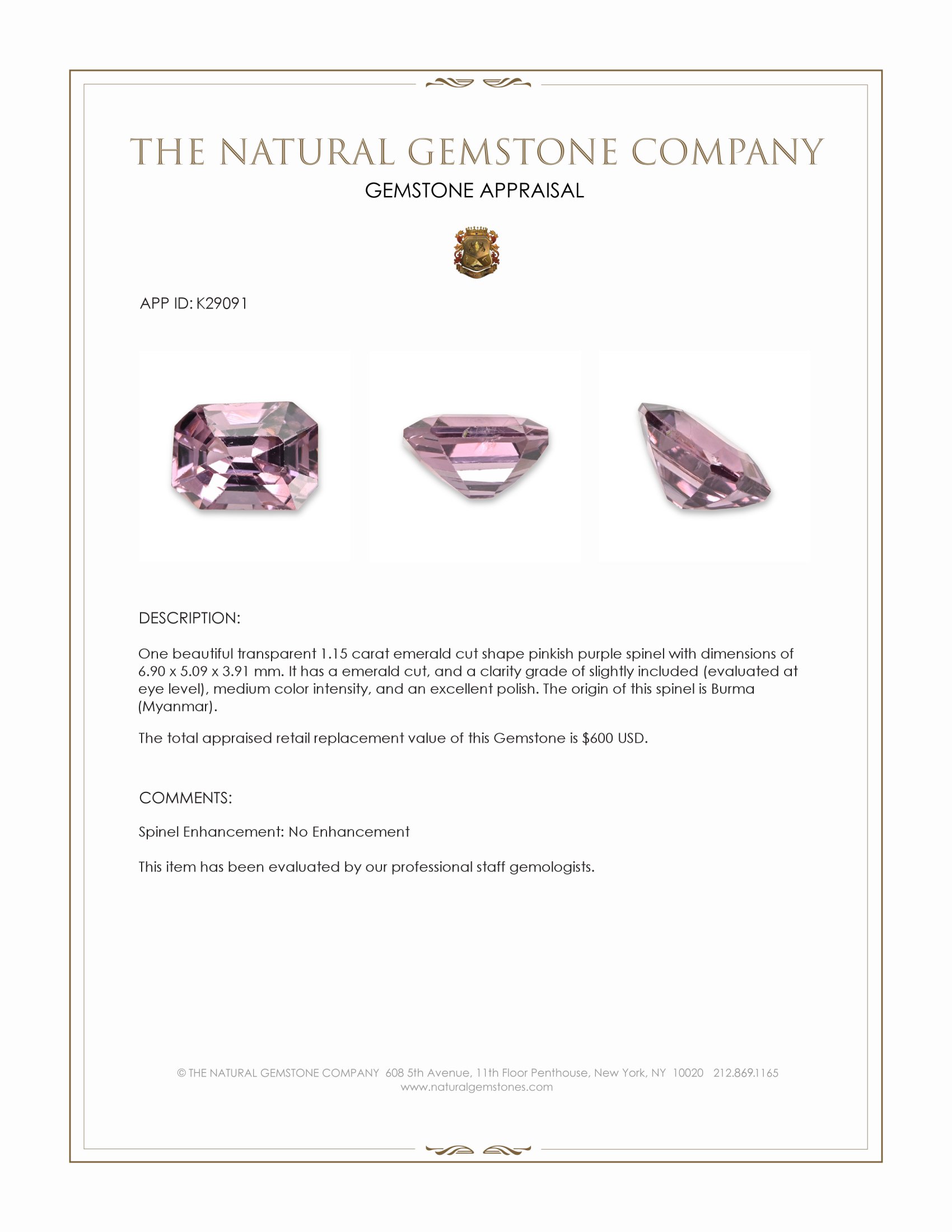 1.15 Ct. Pinkish Purple Spinel from Burma (Myanmar)