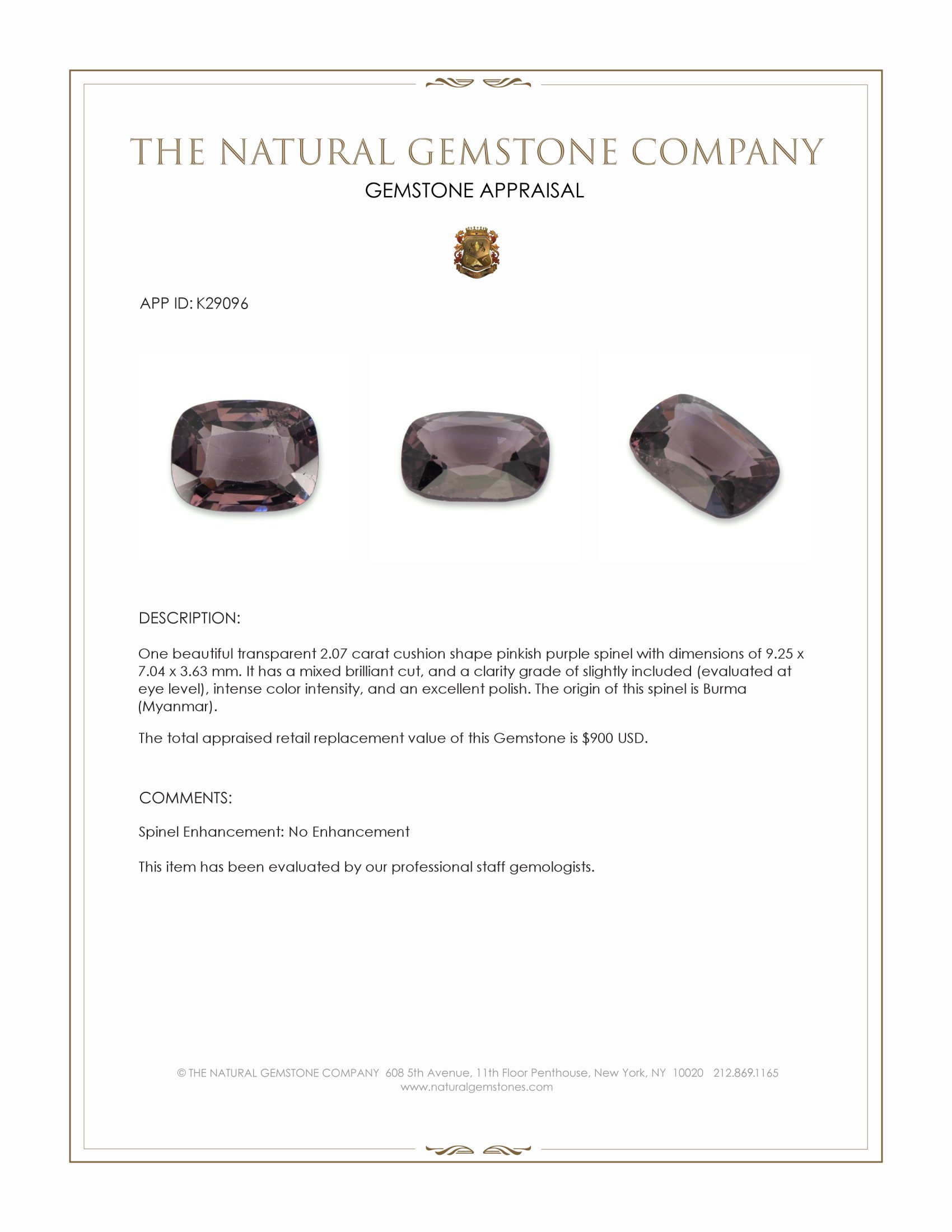 2.07 Ct. Pinkish Purple Spinel from Burma (Myanmar)