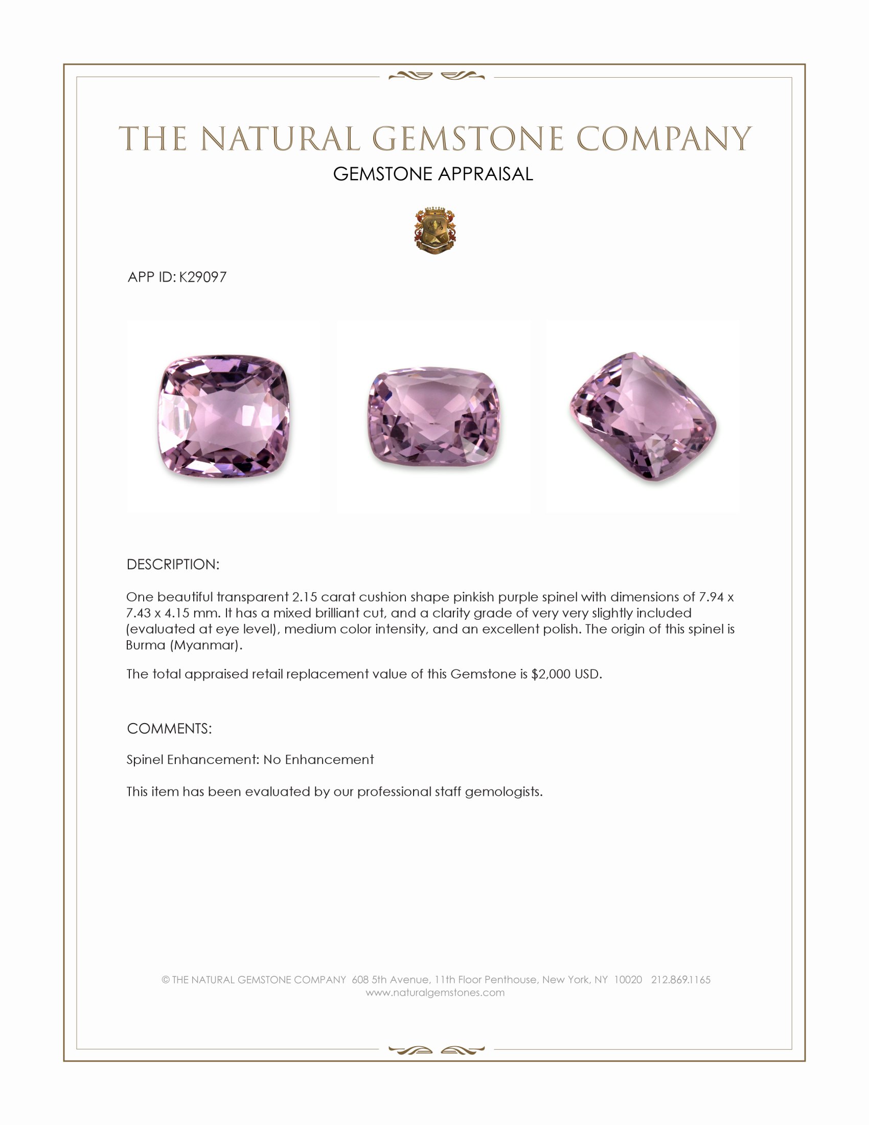 2.15 Ct. Pinkish Purple Spinel from Burma (Myanmar)