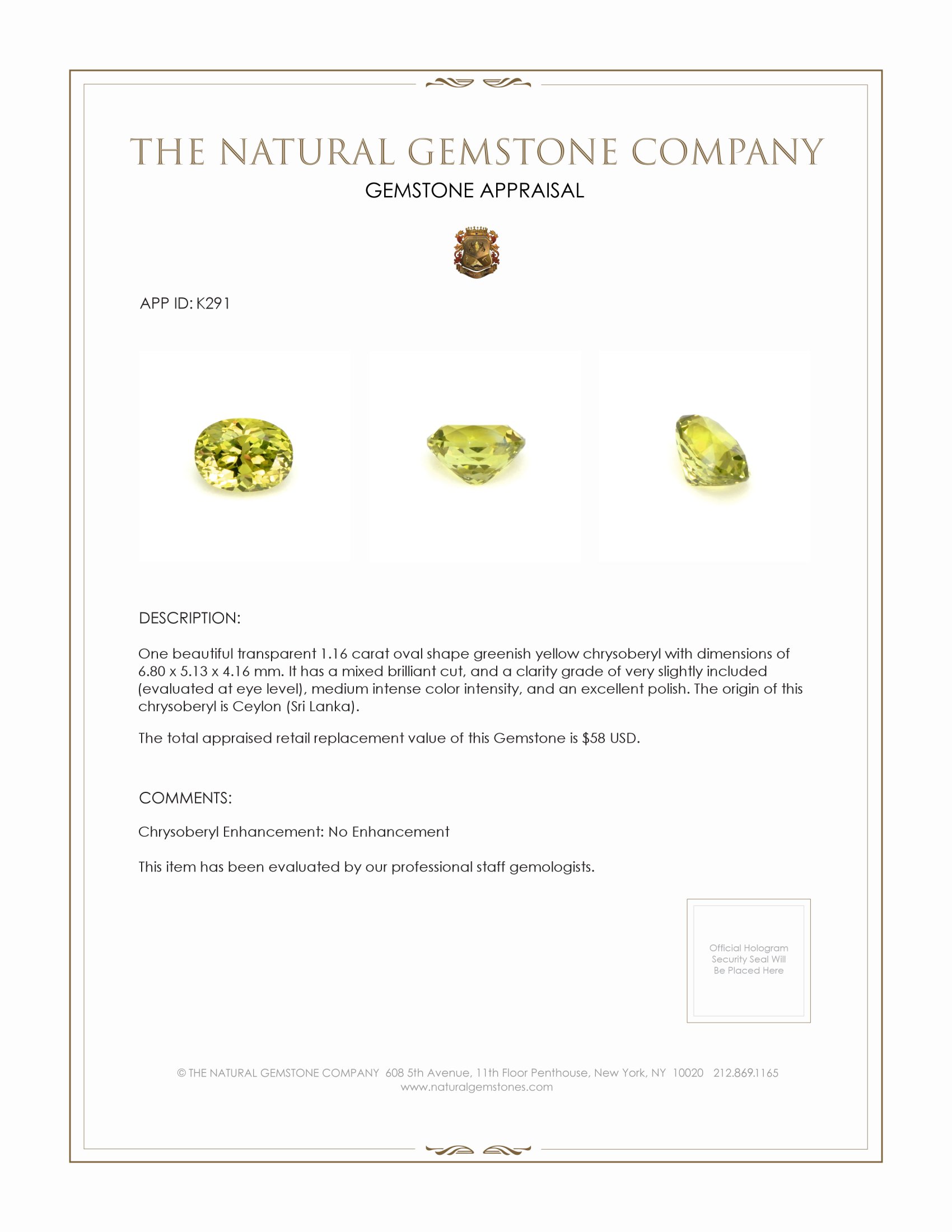 1.16 Ct. Chrysoberyl from Ceylon (Sri Lanka)
