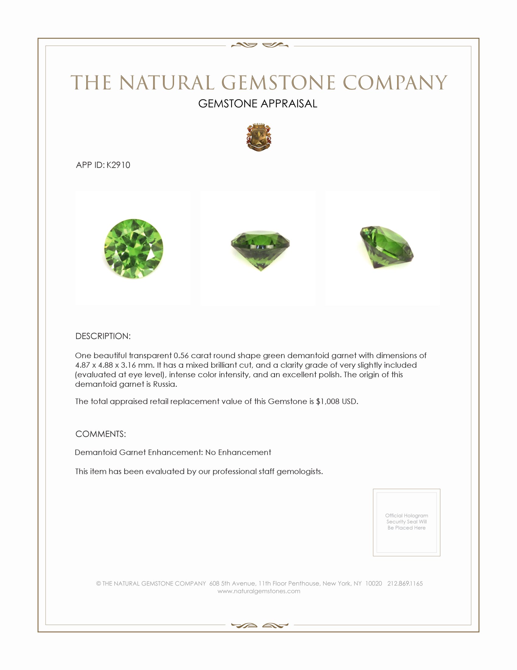 0.56 Ct. Demantoid Garnet from Russia