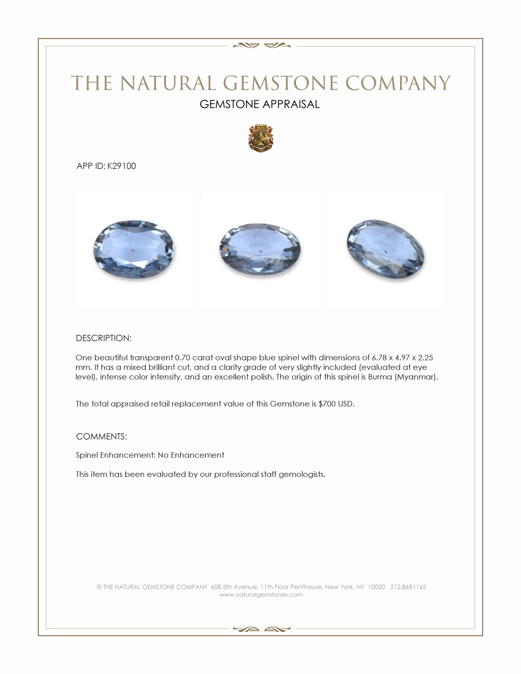 0.70 Ct. Blue Spinel from Burma (Myanmar)