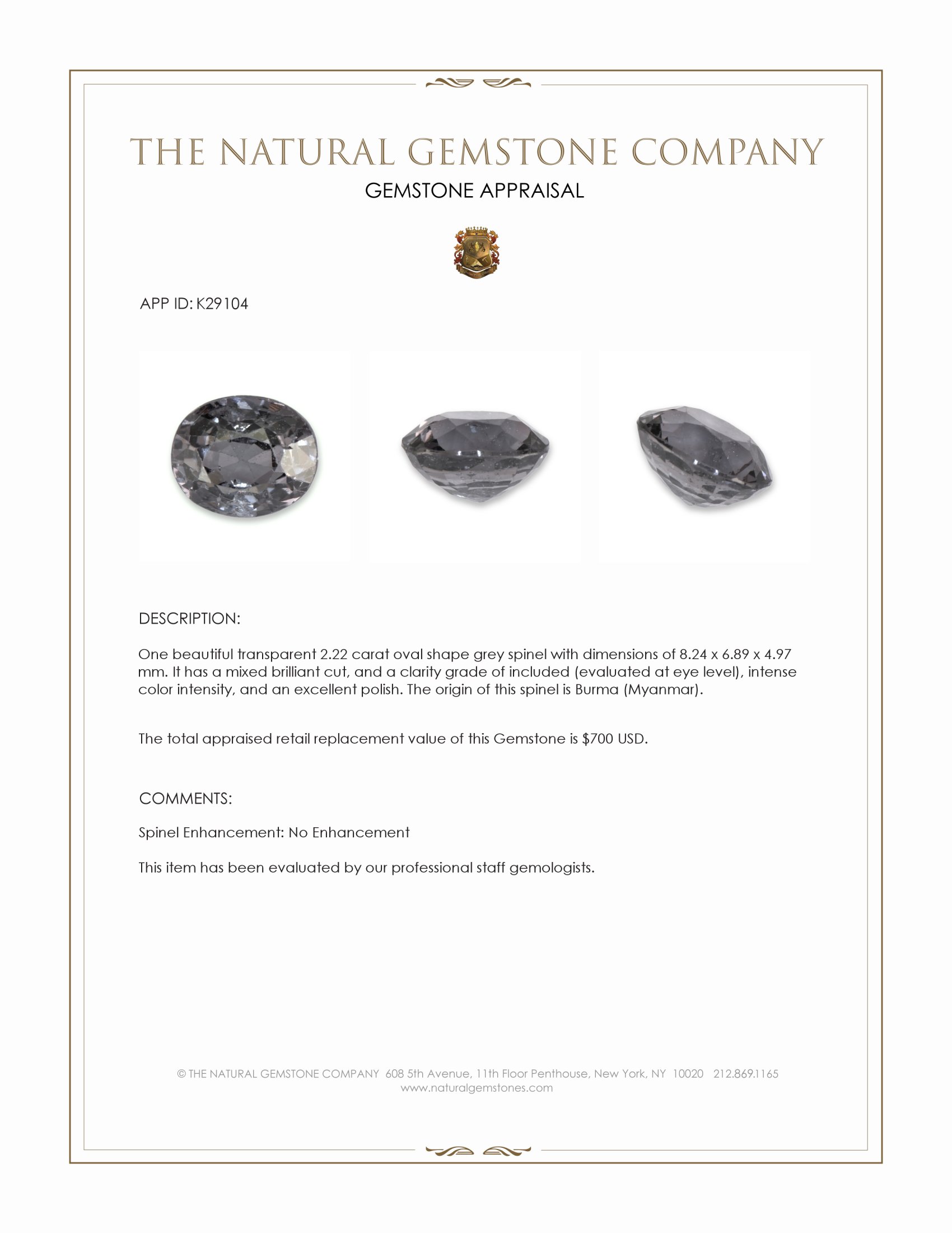 2.22 Ct. Grey Spinel from Burma (Myanmar)