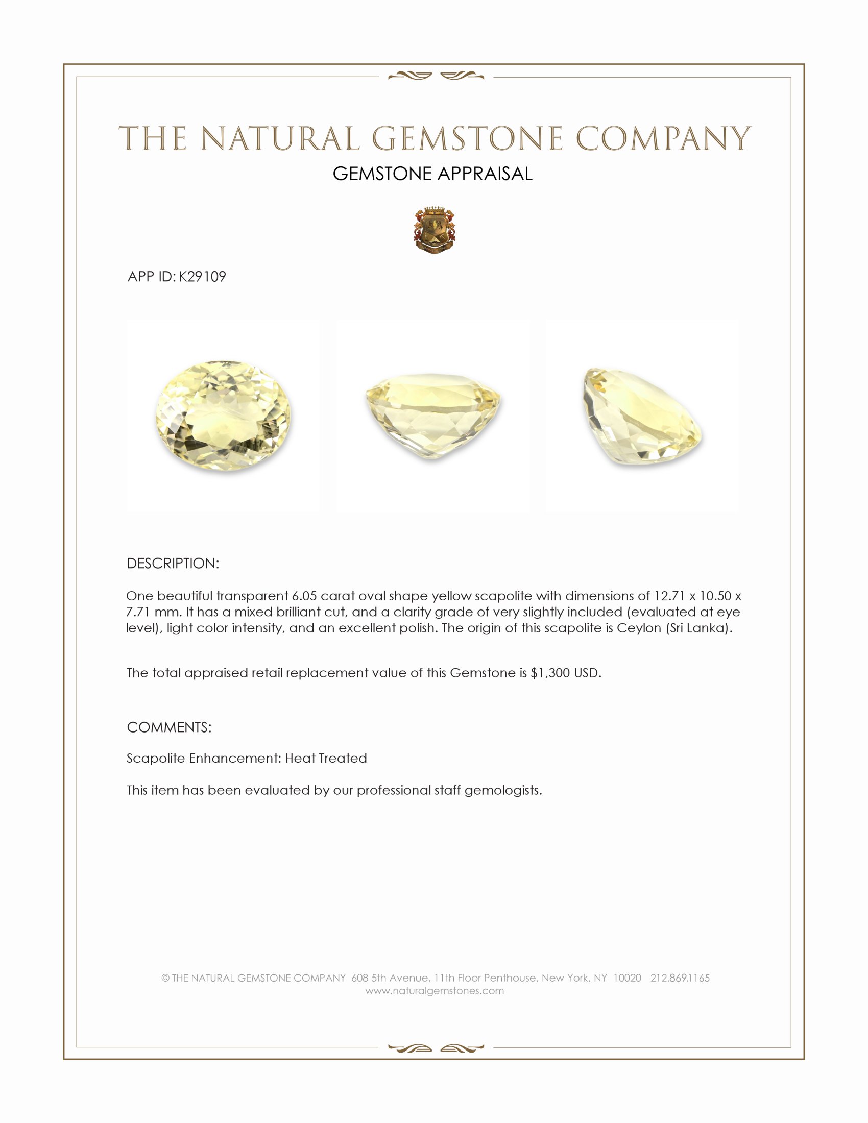 6.05 Ct. Yellow Scapolite from Ceylon (Sri Lanka)