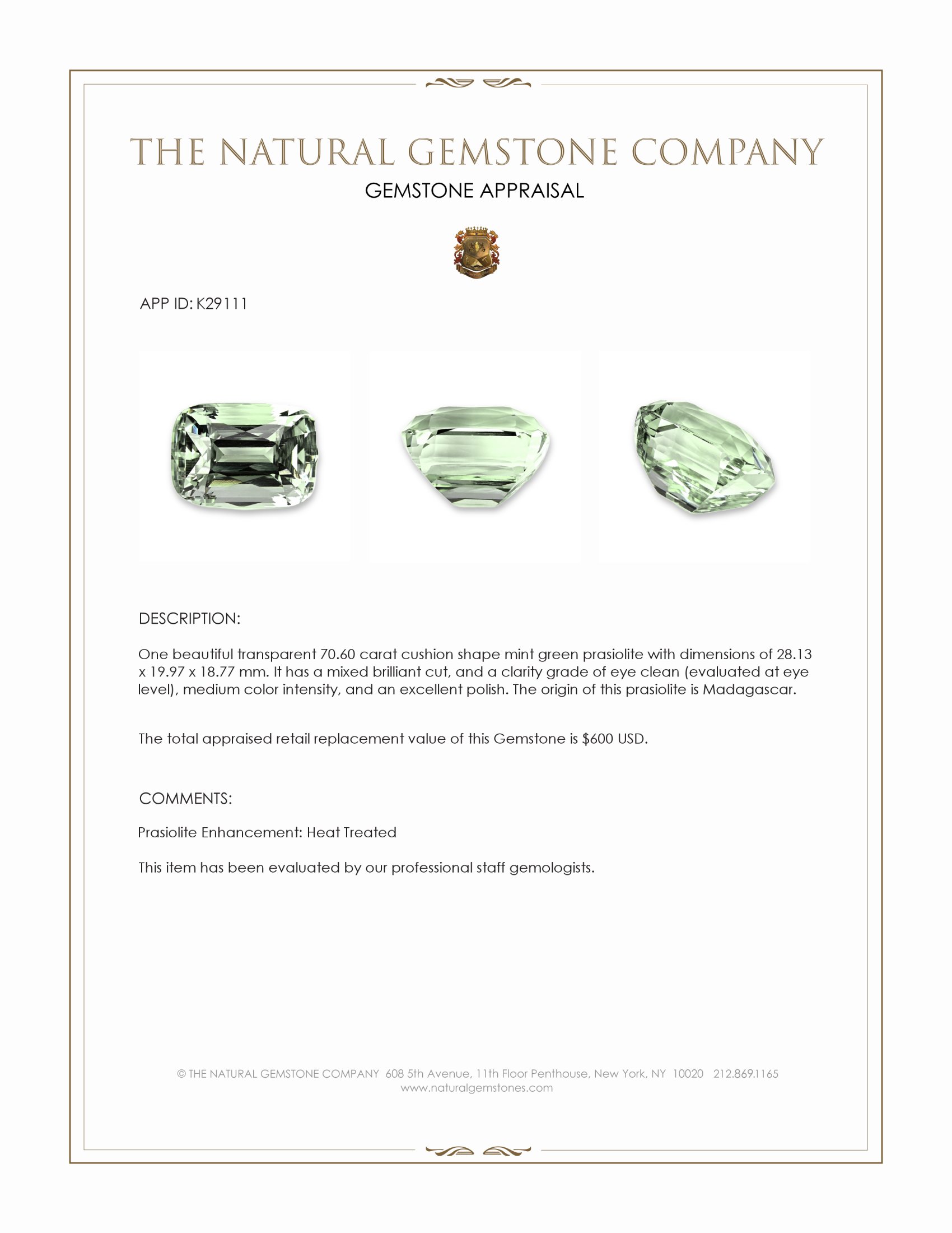 70.60 Ct. Mint Green Prasiolite from Madagascar