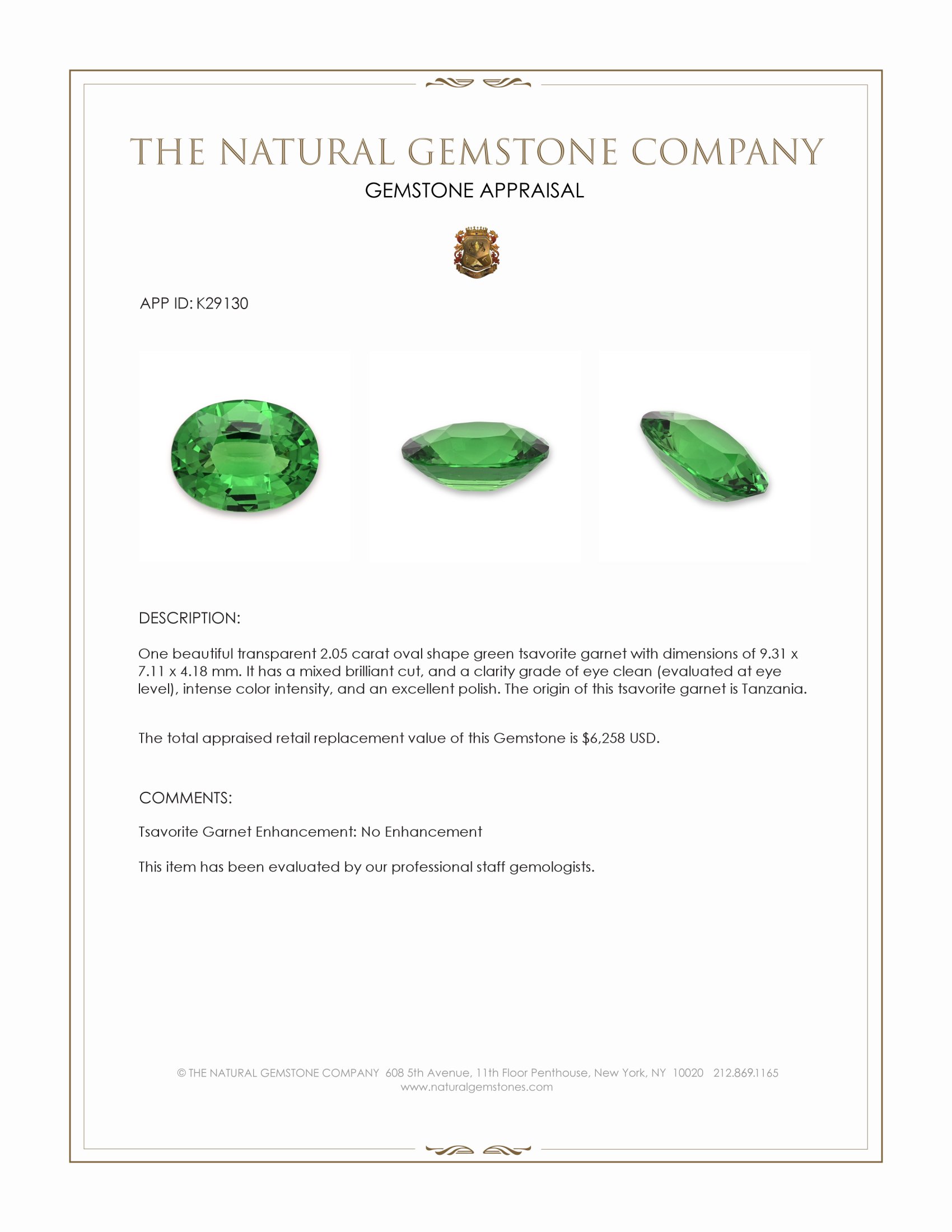 2.05 Ct. Tsavorite Garnet from Tanzania