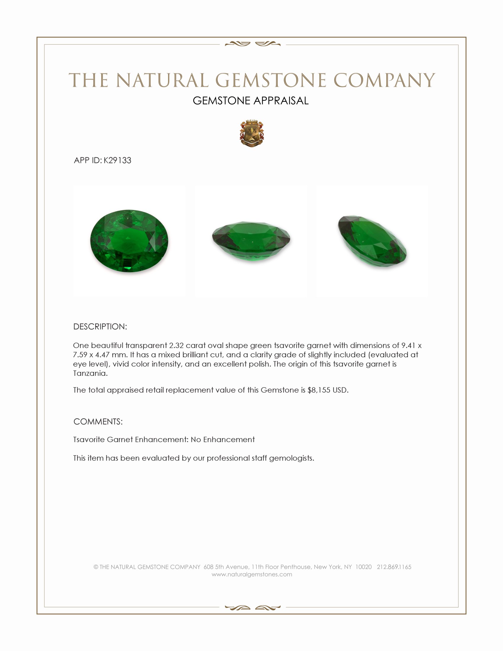 2.32 Ct. Tsavorite Garnet from Tanzania