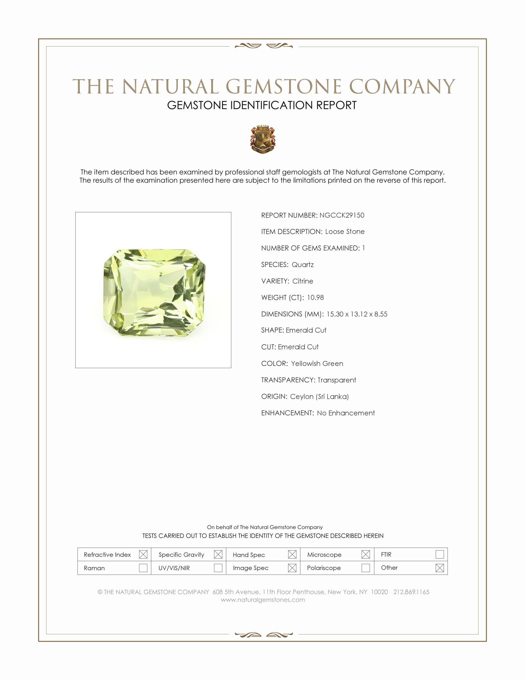 10.98 Ct. Yellowish Green Citrine from Ceylon (Sri Lanka)