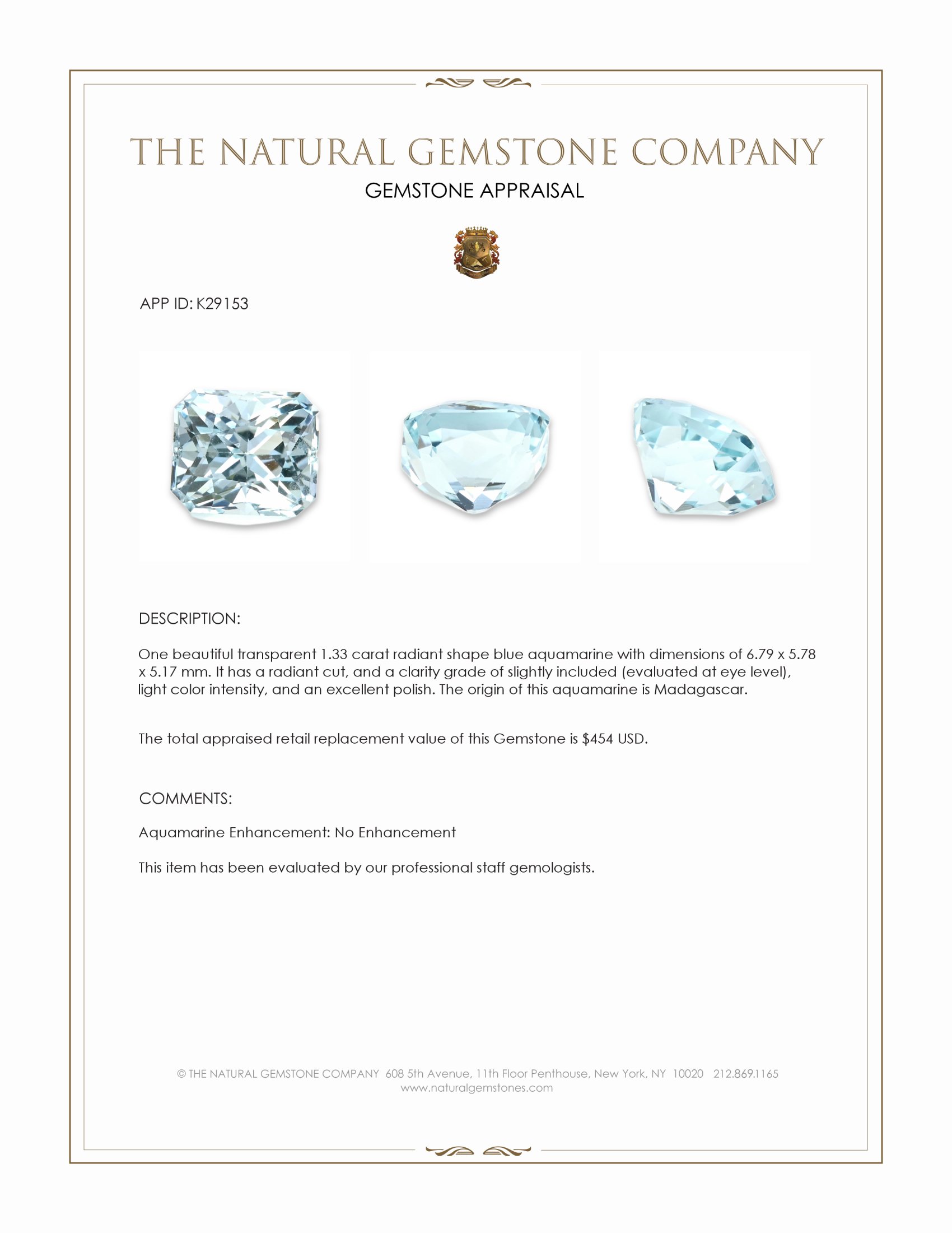 1.33 Ct. Blue Aquamarine from Madagascar
