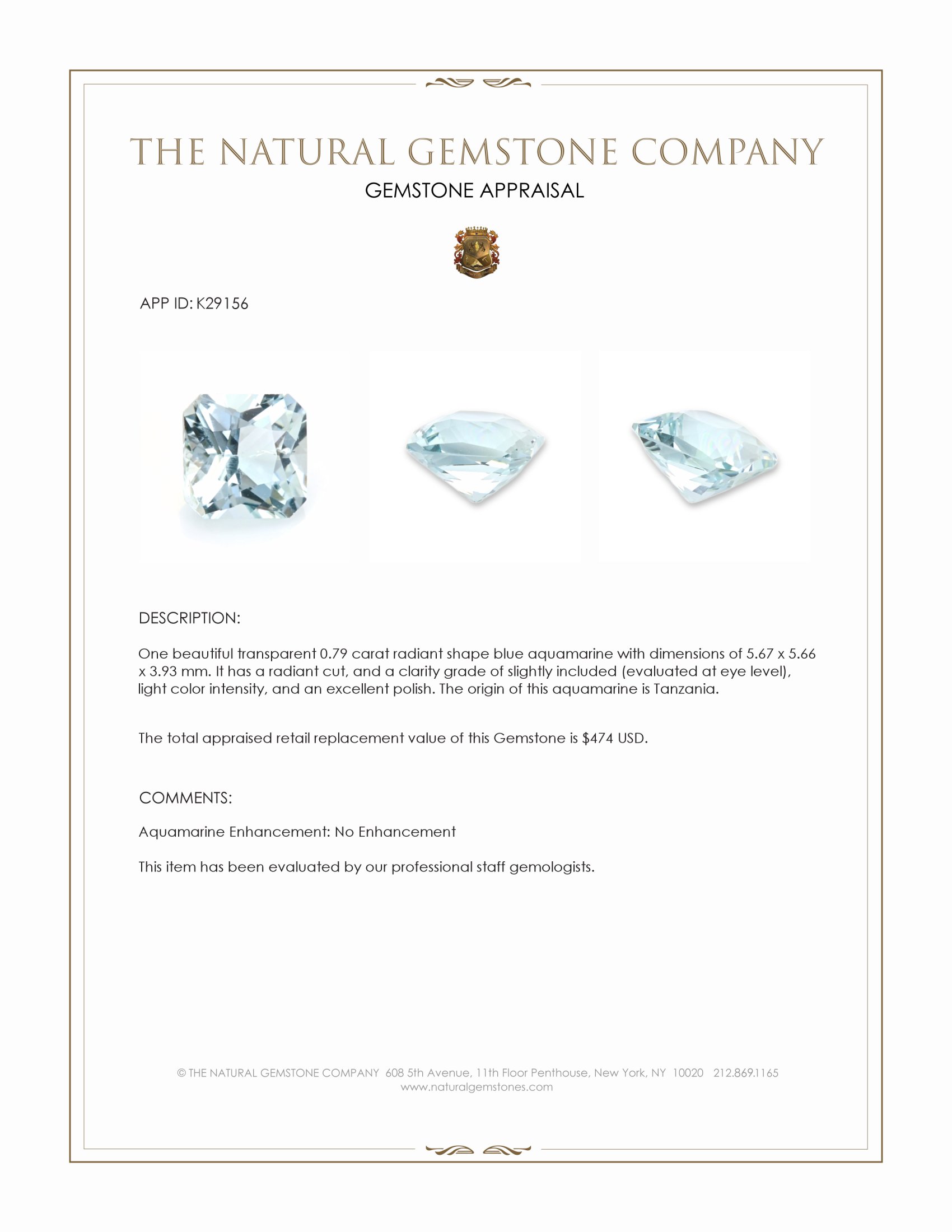 0.79 Ct. Blue Aquamarine from Tanzania